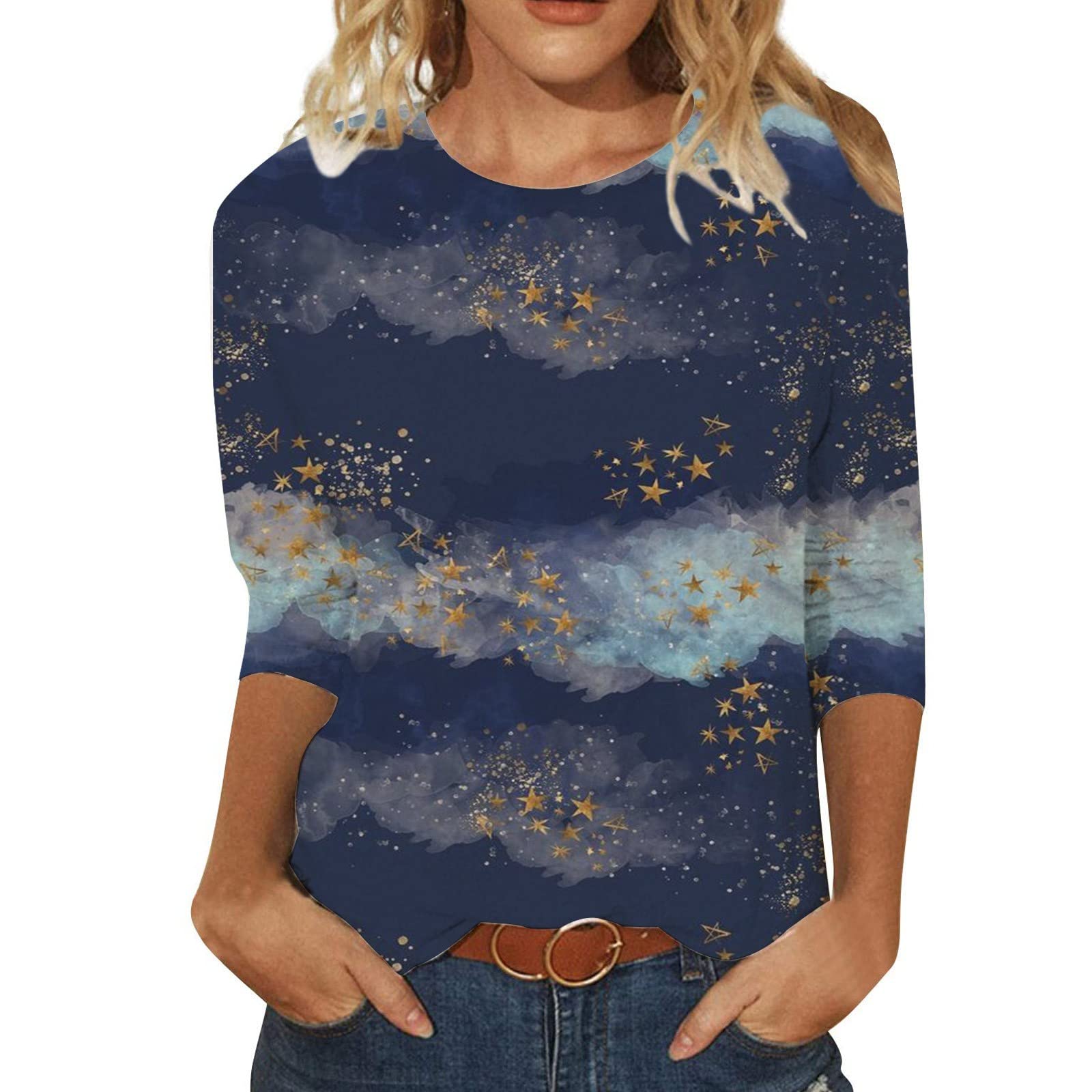 Women's Floral Printed 3/4 Sleeve Crew Neck Blouse - Loose Comfortable Casual Top for Summer - Perfect for Office Wear, Weekend Outings & Beach Vacations