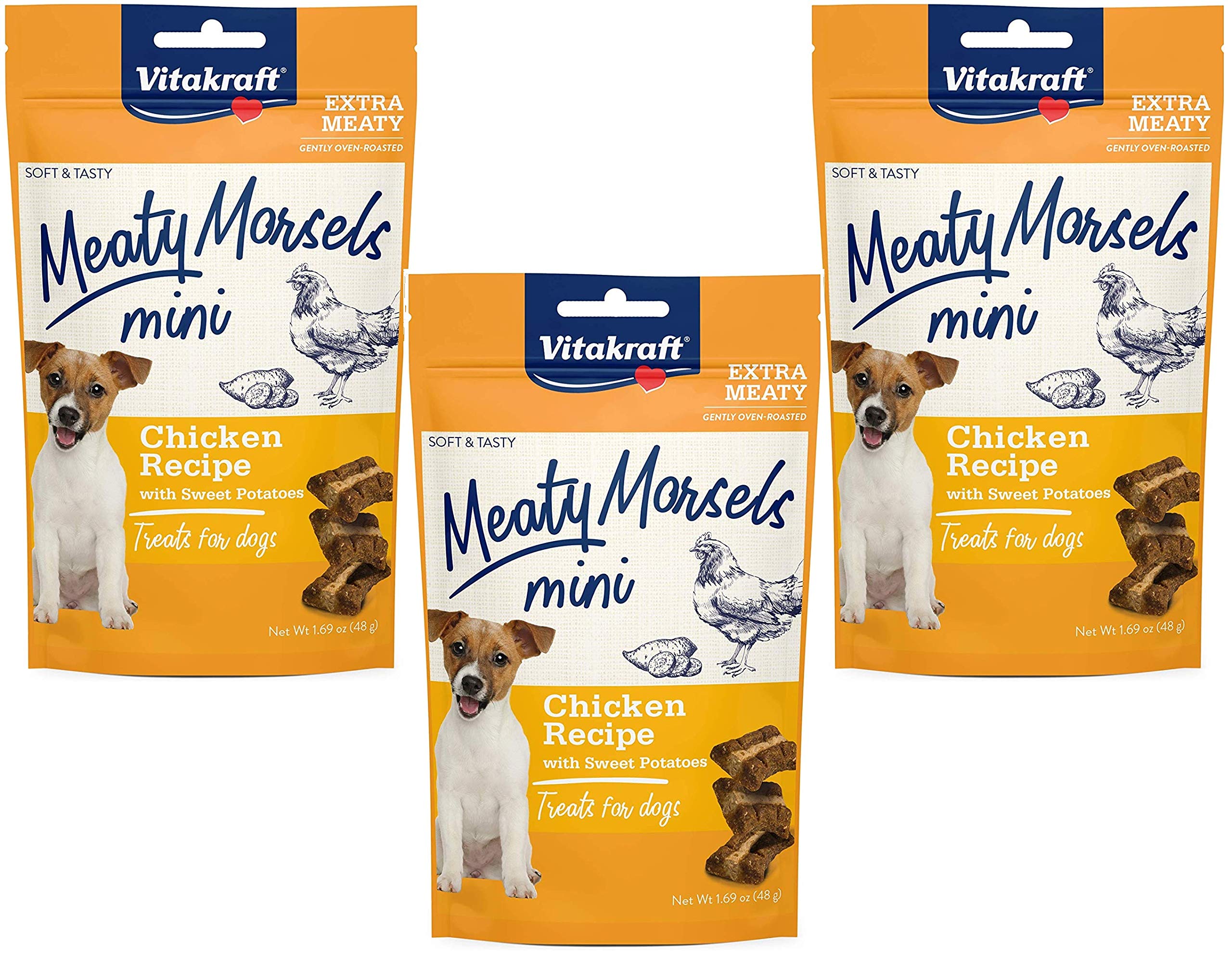 Vitakraft Chicken Mini Meaty Morsels Dog Treats - 3 Pack (1.69oz Each) with Sweet Potato - Grain Free, Natural Protein Snacks for Small & Medium Dogs - Perfect for Training, Rewards & Travel Treats