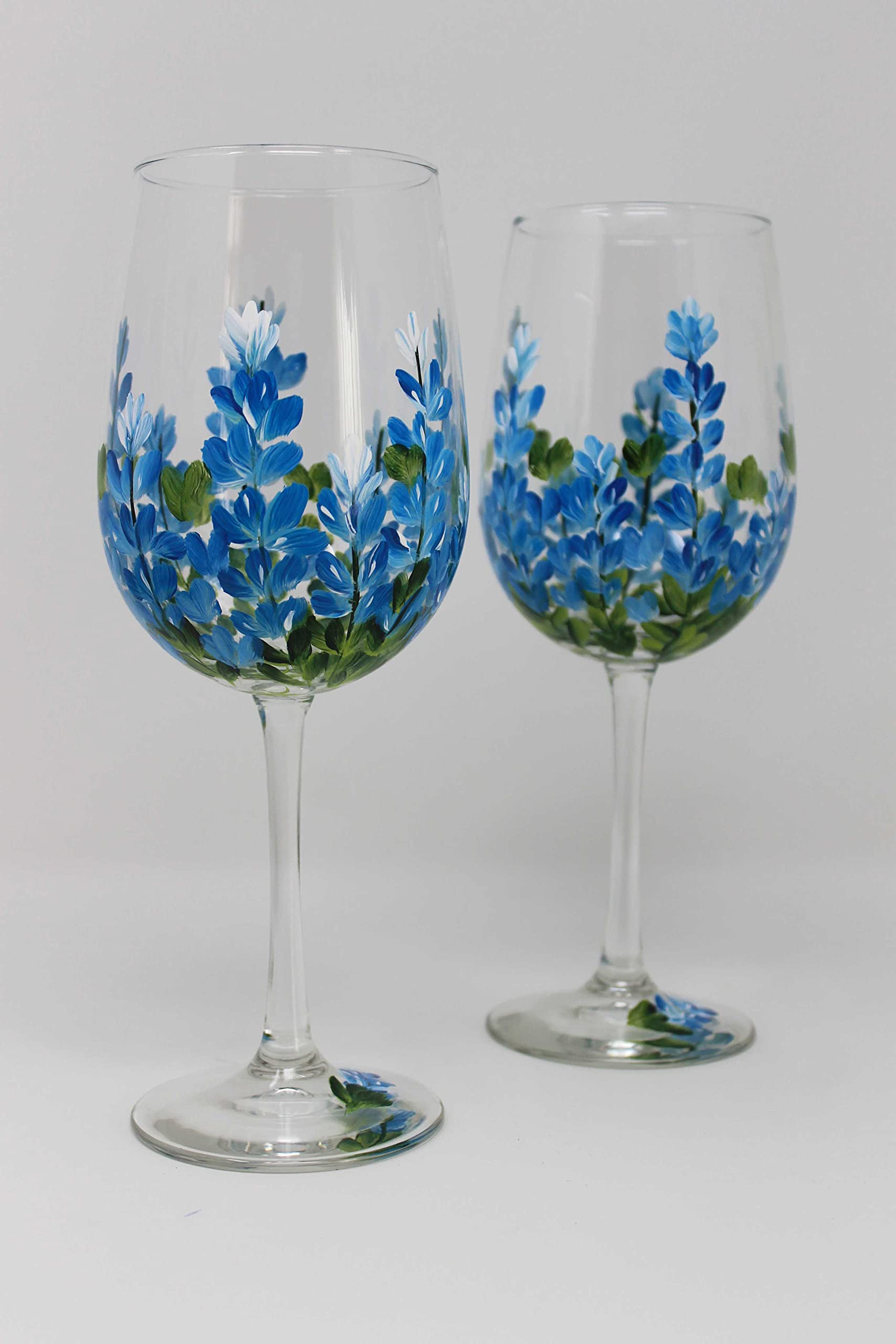 Hand Painted Wine Glasses Set of 2 - Bluebonnets Floral Design for Wedding, Anniversary & Home Decor - Perfect for Gifts, Parties & Special Occasions