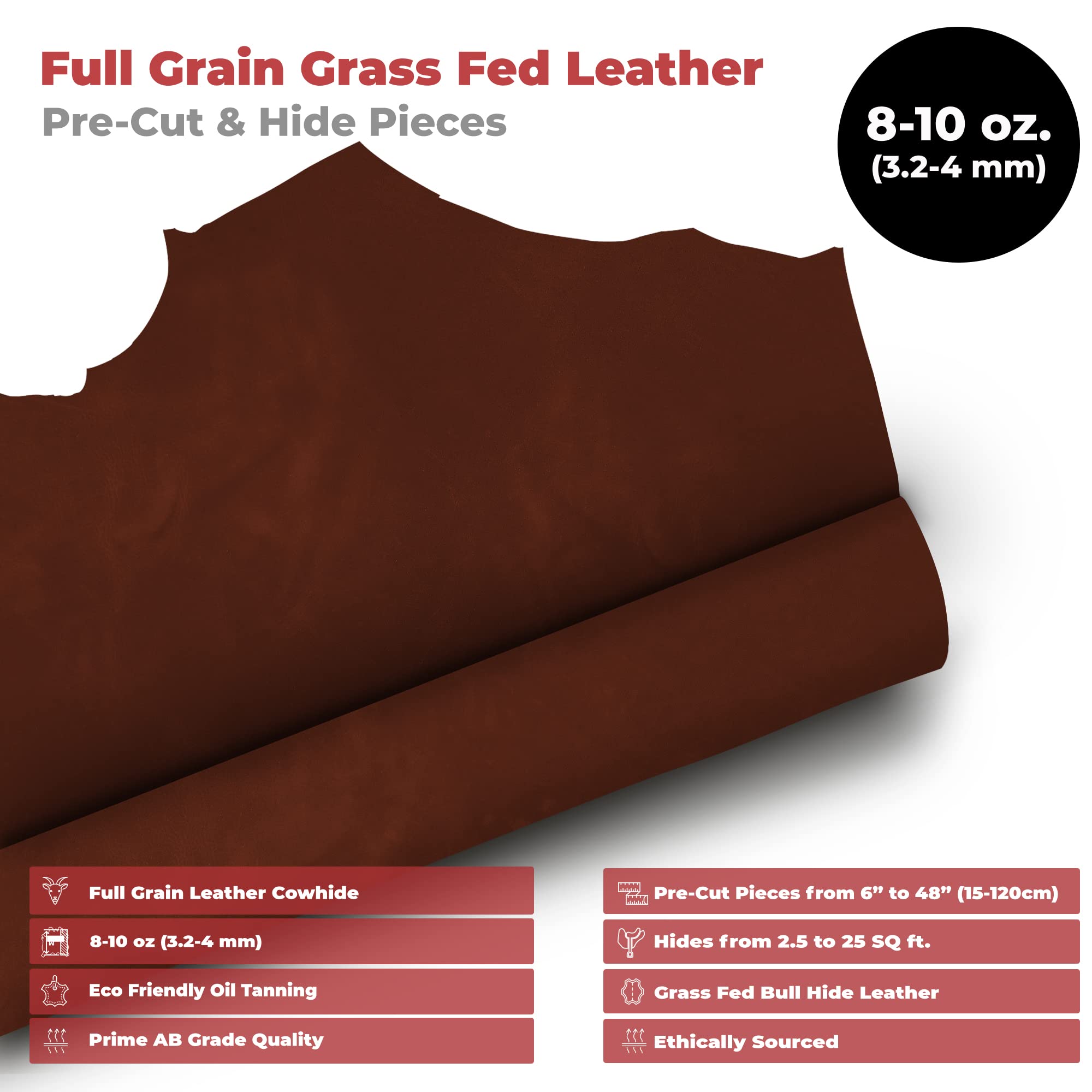 Premium ELW Grass-Fed Leather 8-10 oz (3-4mm) Heavy Duty Pre-Cut 24