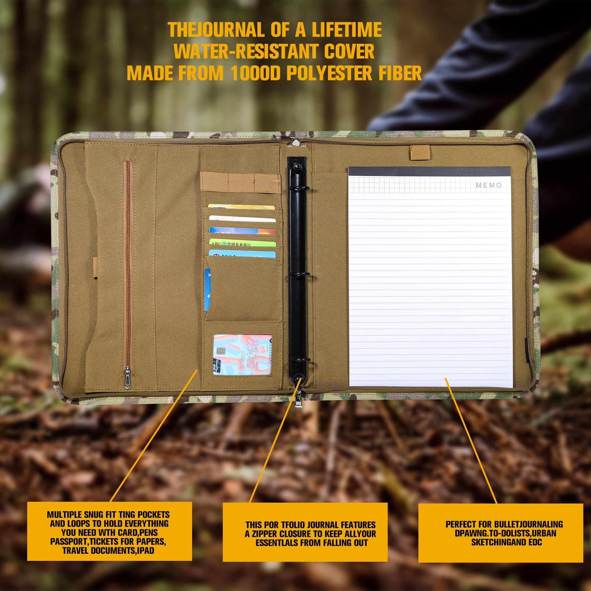 Kosibate Tactical Padfolio Portfolio Binder with Zipper - Letter Size (13.5 x 11.5 Inch) - Includes 25 Sheets Paper & Detachable 3-Ring Binder - Perfect for Office, School, Business Meetings, and Professional Presentations