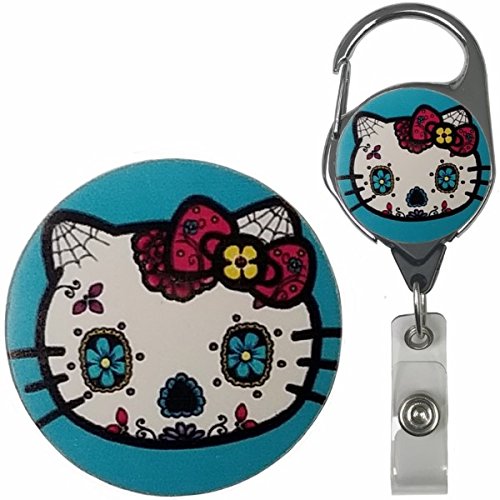 Charming Candy Skull Kitty ID Badge Holder with Metal Carabiner - Perfect for Work & Cosplay
