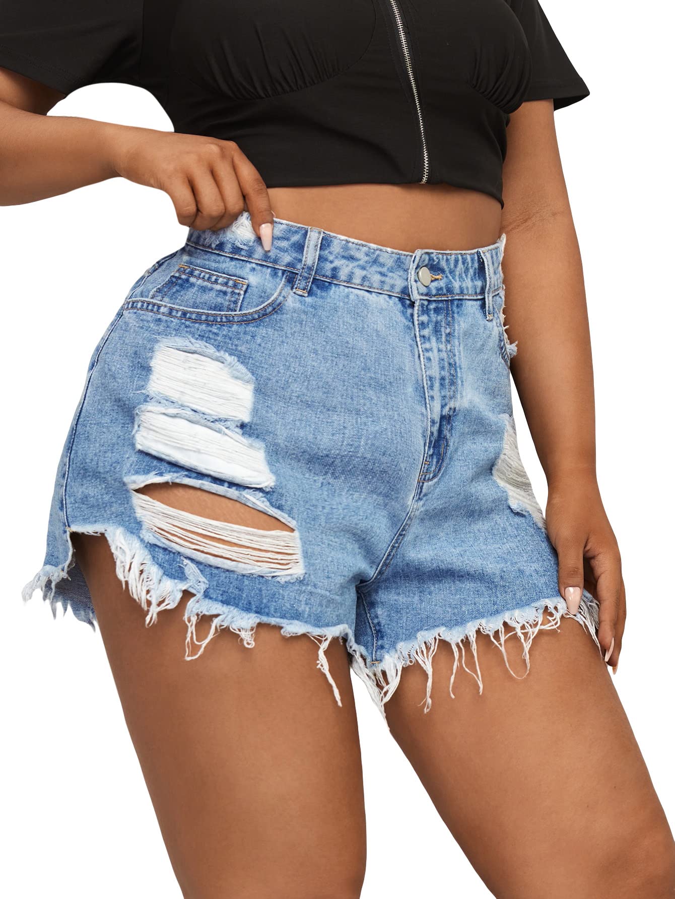 Floerns Women's Plus Size Ripped Raw Hem Denim Shorts - High Waist Loose Fit Distressed Jeans for Summer Casual Outfits & Streetwear Fashion