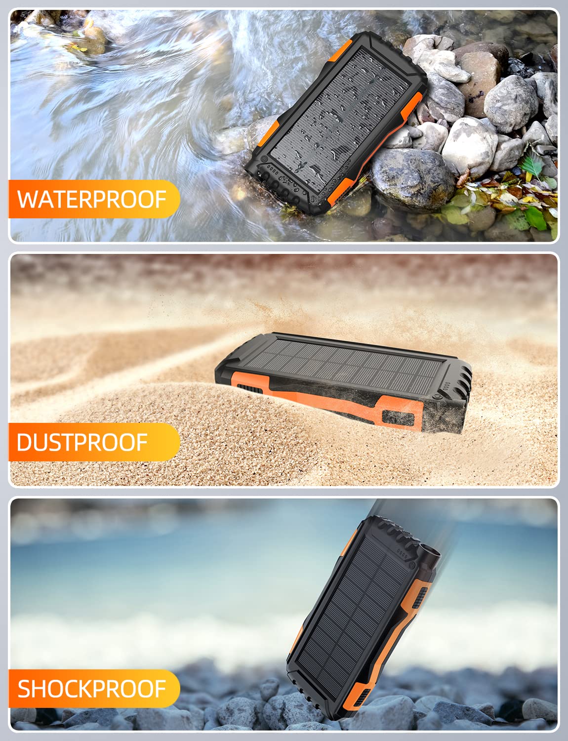 42800mAh Solar Power Bank with QC 3.0 Fast Charging - Portable Solar Charger, External Battery Pack with Super Bright Flashlight (Orange) - Perfect for Camping, Hiking, and Emergency Power Outages