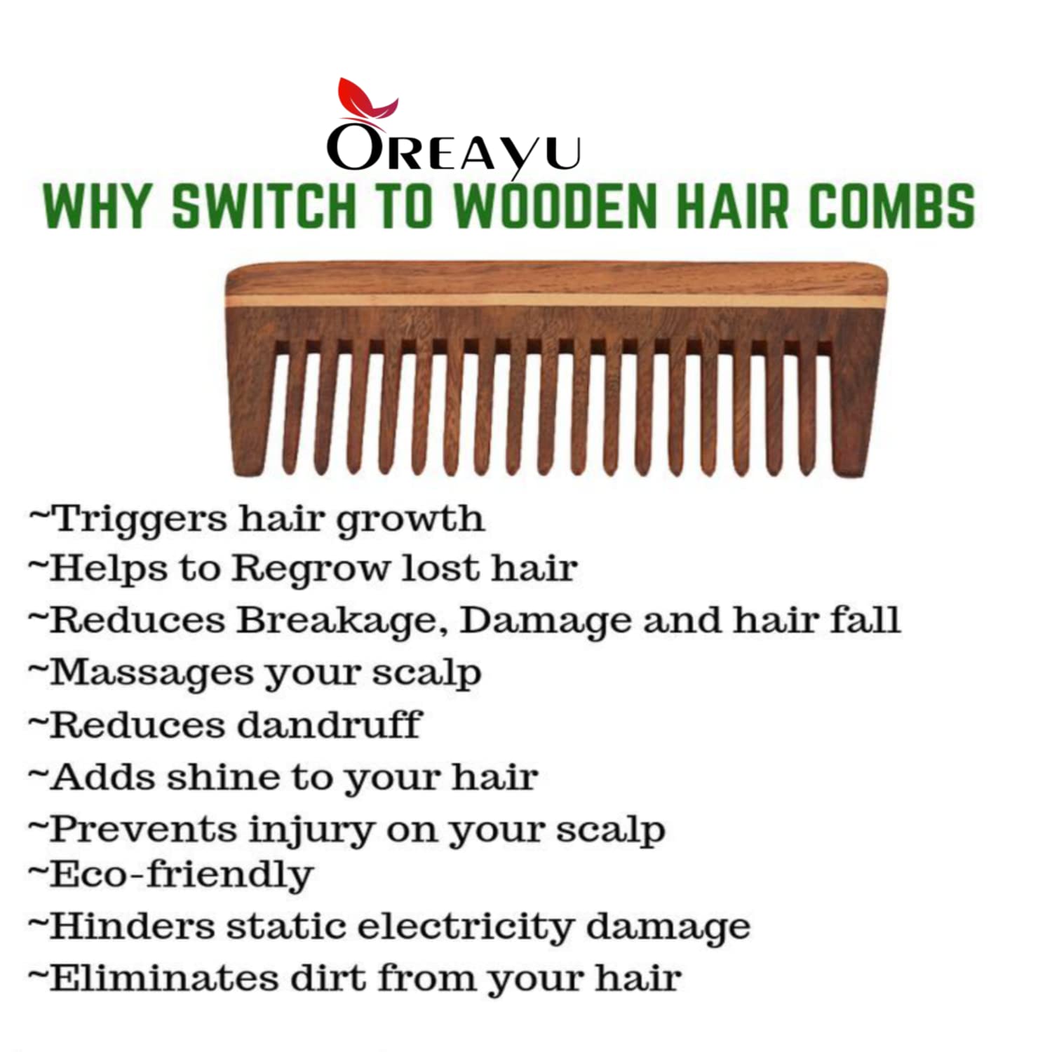 OREAYU™ Natural Pure Neem Wooden Comb for Hair Growth & Anti-Dandruff - Gentle Scalp Massage for Women & Men (Pack of 3) | Perfect for Daily Hair Care, Detangling & Healthy Scalp Maintenance