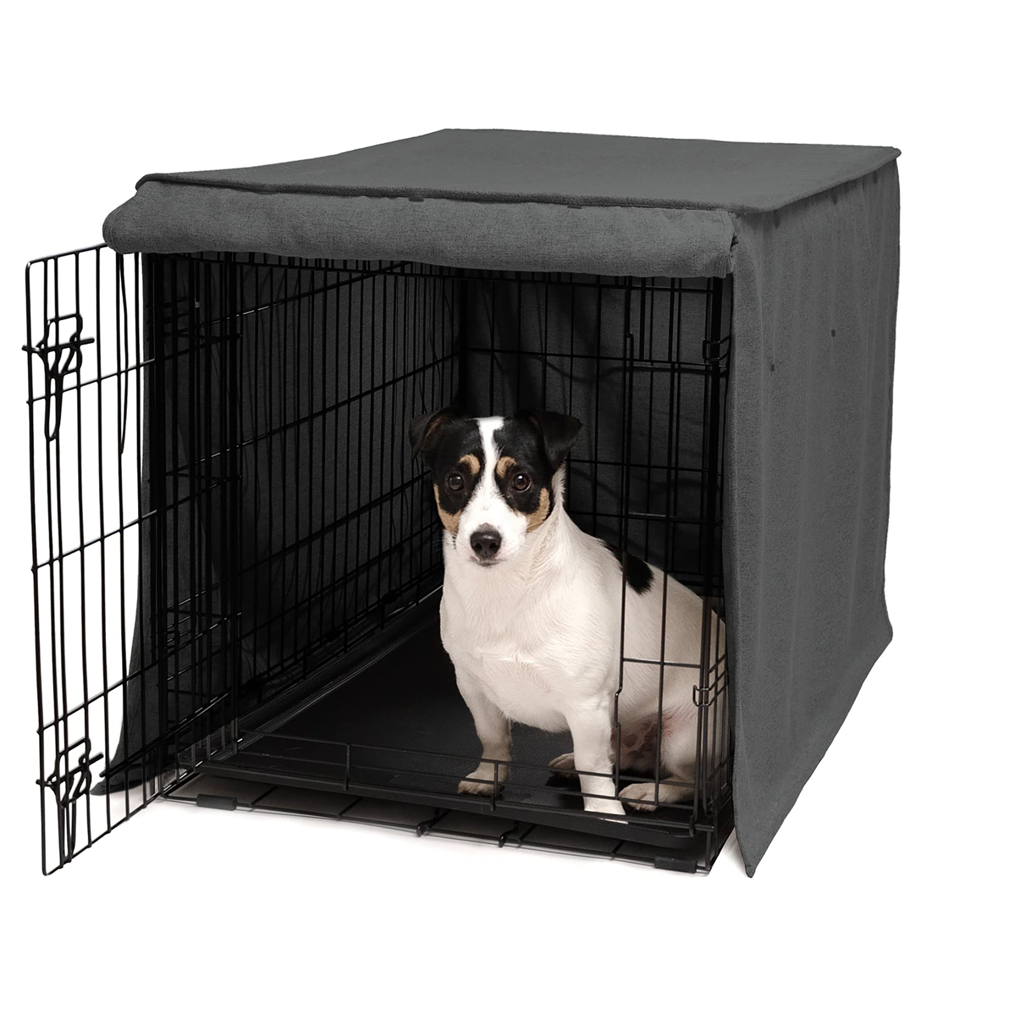 Friends Forever 30-Inch Metal Dog Crate Cover with Light Blocking Curtain & Roller Shades - Machine Washable Trucker Black Kennel Cover for Home, Travel, and Car Use