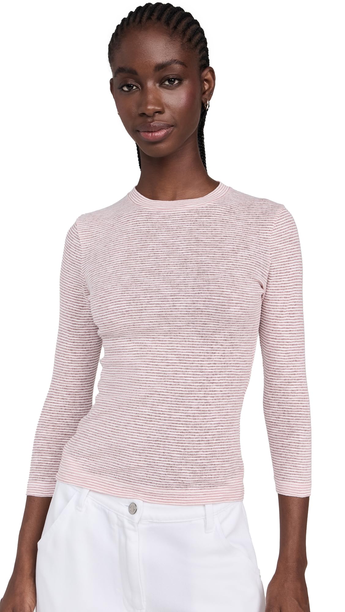 Vince Women's Micro Stripe 3/4 Sleeve Crew Neck T-Shirt | Soft Cotton Blend Top for Casual Wear & Layering | Perfect for Office, Weekend Outings & Date Nights