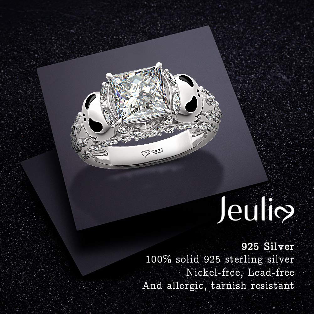 Jeulia 925 Sterling Silver Jack Skull Ring for Women - Nightmare Before Christmas Inspired Princess Cut Band Ring - Anniversary, Promise & Romantic Christmas Gift for Her - Perfect for Halloween, Cosplay & Gothic Fashion