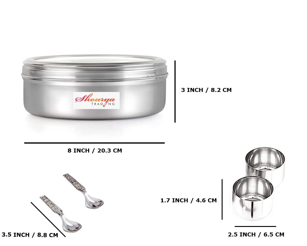 Premium Stainless Steel Spice Box Set with 7 Non-Breakable Transparent Glass Containers & 7 Mini Spoons - 12