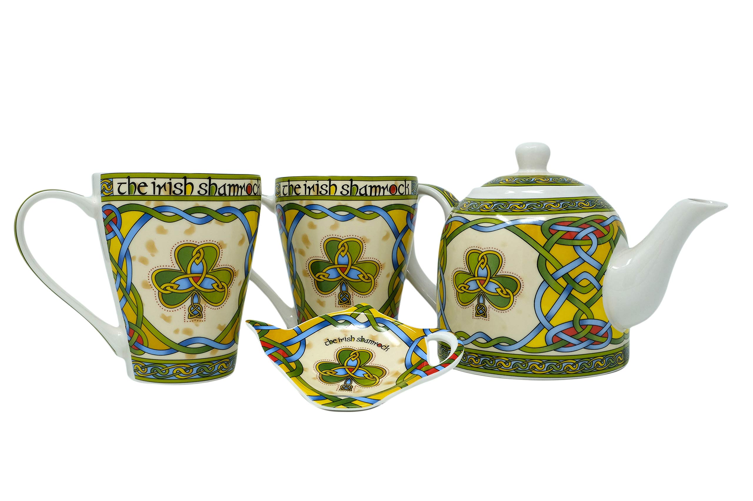 Royal Tara Irish Shamrock Porcelain Tea Set - Celtic Knot Teapot with Removable Lid, 2 Matching Mugs & Tea Bag Holder | Perfect for St. Patrick's Day Gifts, Afternoon Tea & Irish-Themed Decor