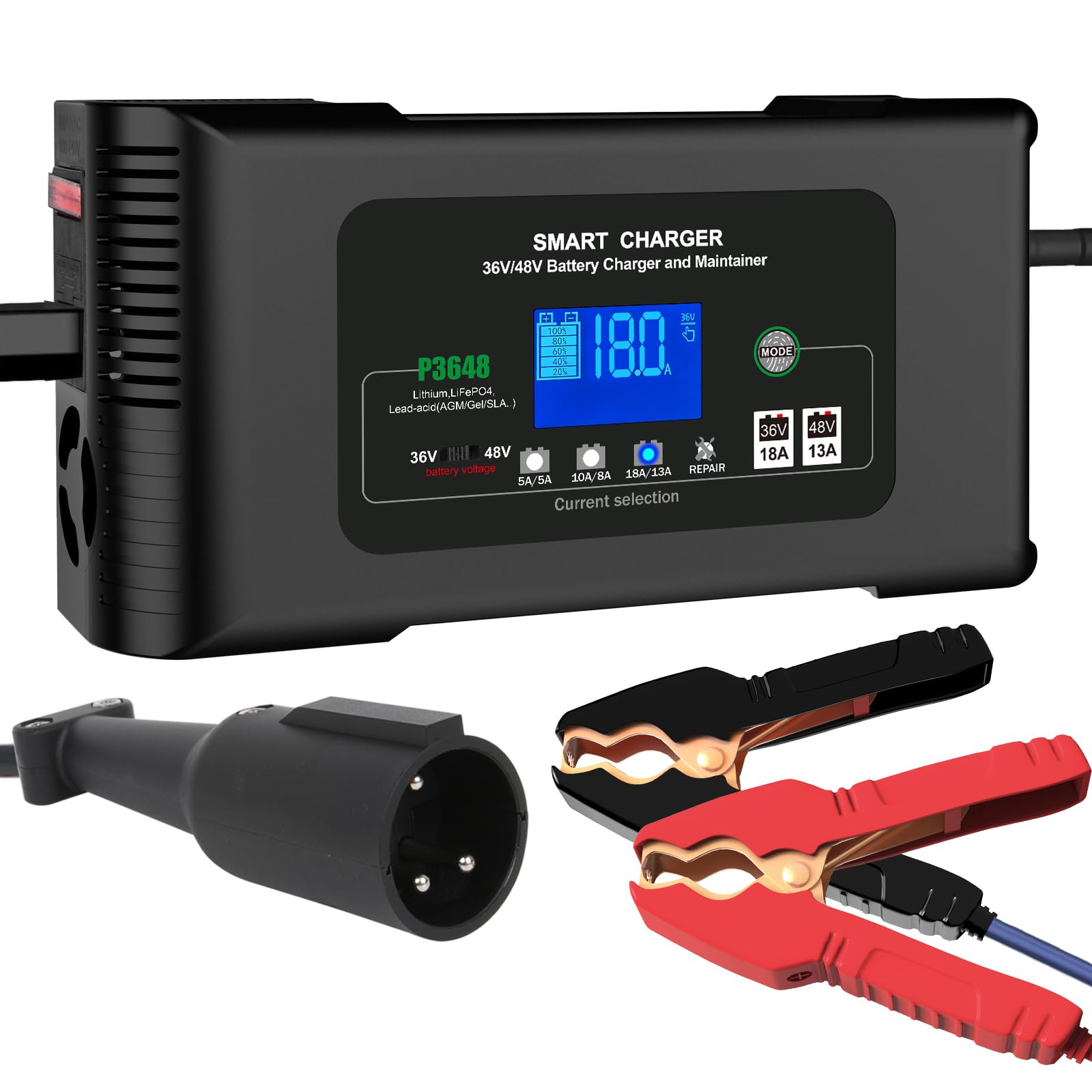 48V 13A & 36V 18A Golf Cart Battery Charger - Compatible with 48V Club Car, Lithium/LiFePO4/Lead-Acid AGM/Gel/SLA Batteries - 3 Pin Round Plug - Perfect for Golf Carts, Electric Vehicles & Outdoor Power Equipment