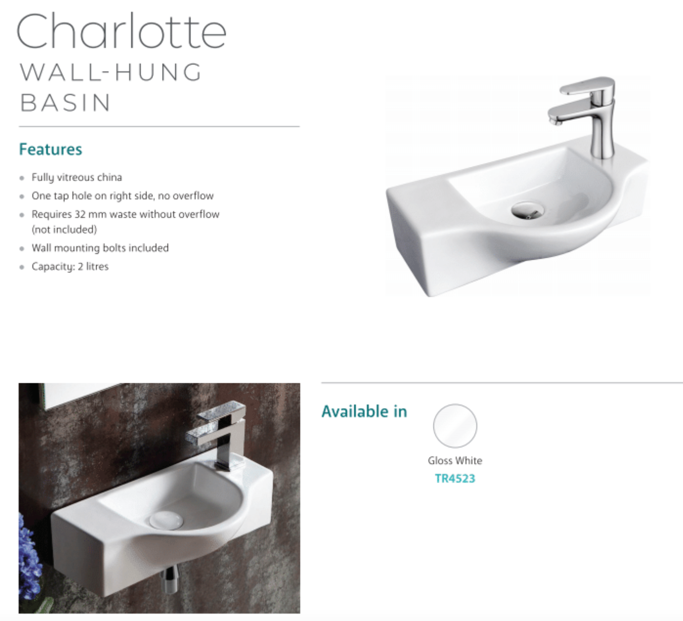 Fienza TR4523 Charlotte Wall-Mounted Bathroom Sink with Single Faucet Hole - White Porcelain Ceramic Vanity Basin for Modern Home & Commercial Spaces