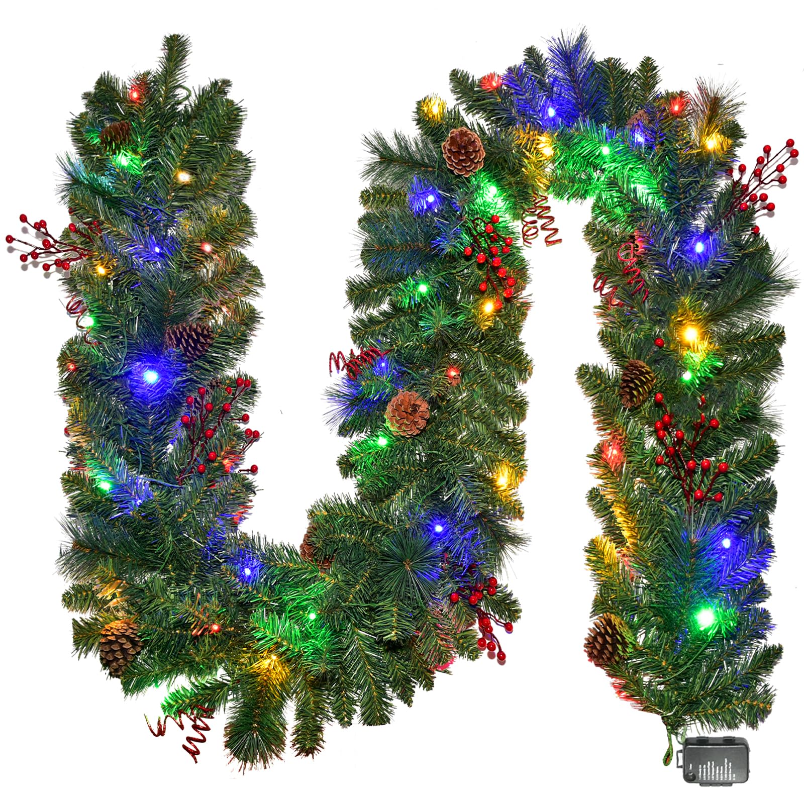 9FT Battery Powered Christmas Garland with 50 LED Lights - 8 Lighting Modes, Red Berry & Pine Cone Decor for Stairs, Front Door, Mantel, and Holiday Home Decoration