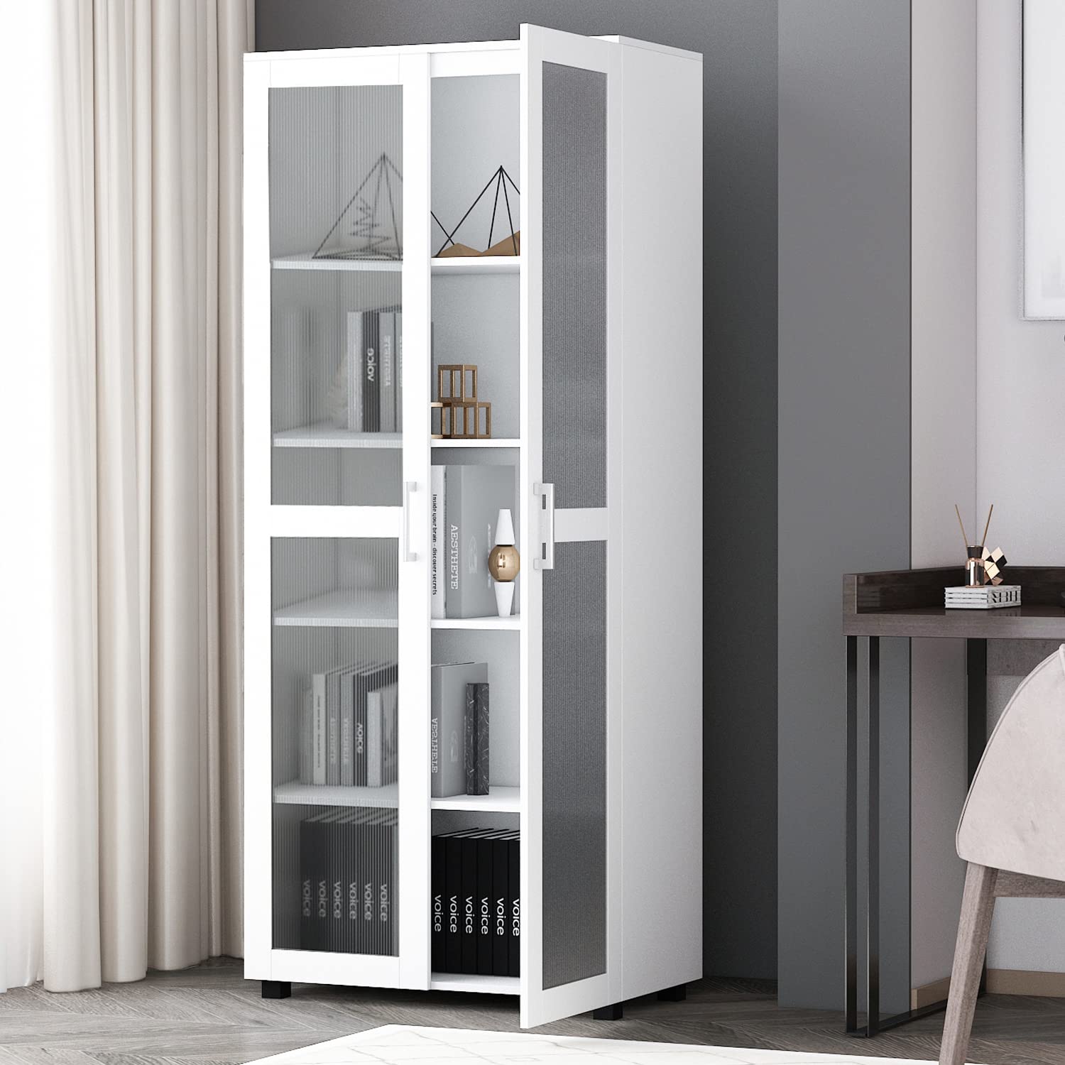ECACAD 5-Tier Tall Bookcase with Acrylic Glass Doors - Wooden Storage Cabinet & Bookshelf Organizer for Living Room, Bedroom, Office - White (Perfect for Storing Books, Decor & Displaying Collectibles)