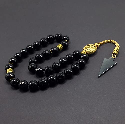 Faceted Black Stone with Arrow Tassel -12 mm 33 Beads-