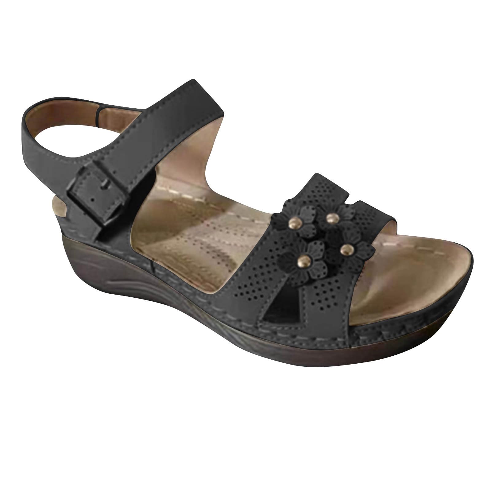 Oelaio Women's Summer Sandals - Large Size Wedge Heel Fish Mouth Open Toe Solid Black 5.5 | Comfortable Beach Shoes for Vacation, Walking & Casual Outfits