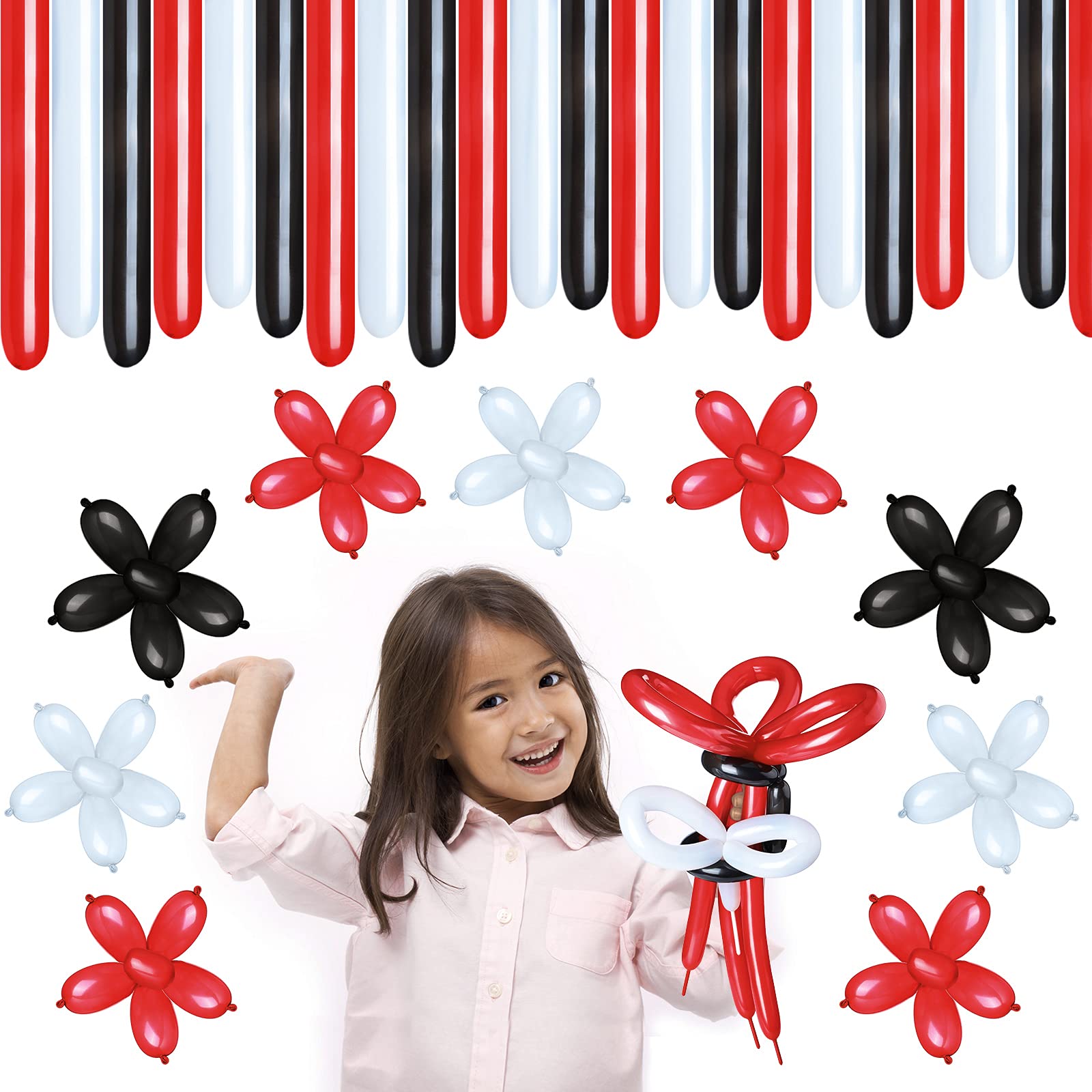 100-Piece Long Twisting Balloons for Animal Shapes & Party Decorations - Latex Modeling Balloons for Weddings, Birthdays, Clown Acts & Art Projects (Black, Red, White) - Perfect for DIY Party Supplies, Balloon Twisting & Event Decorations