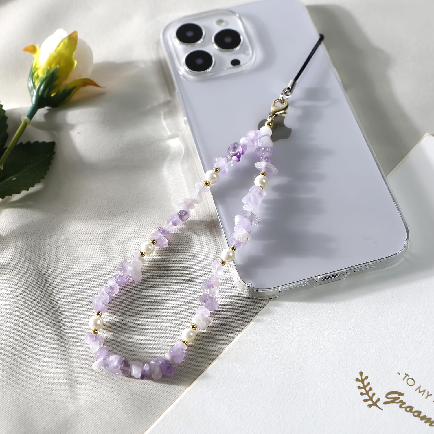 Natural Gemstone Phone Lanyard with Beaded Wrist Strap - Elegant Purple Cell Phone Charm for Women & Girls | Perfect for Smartphones, Keys & ID Cards (Fashion Accessory & Gift Idea)