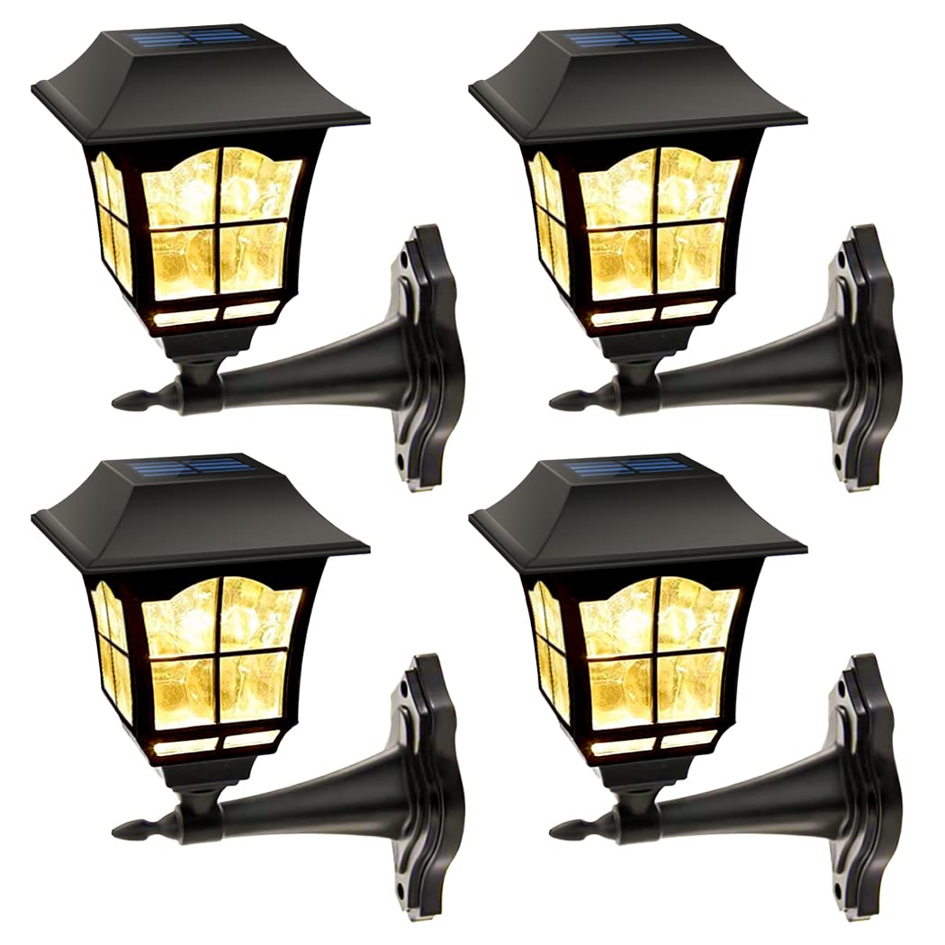 MAGGIFT 4 Pack Solar Powered Outdoor Wall Lanterns - Waterproof 15 Lumens LED Solar Lights with Wall Mount Kit - Perfect for Garden, Fence, Shed, Playhouse & Patio Decor (Warm White)