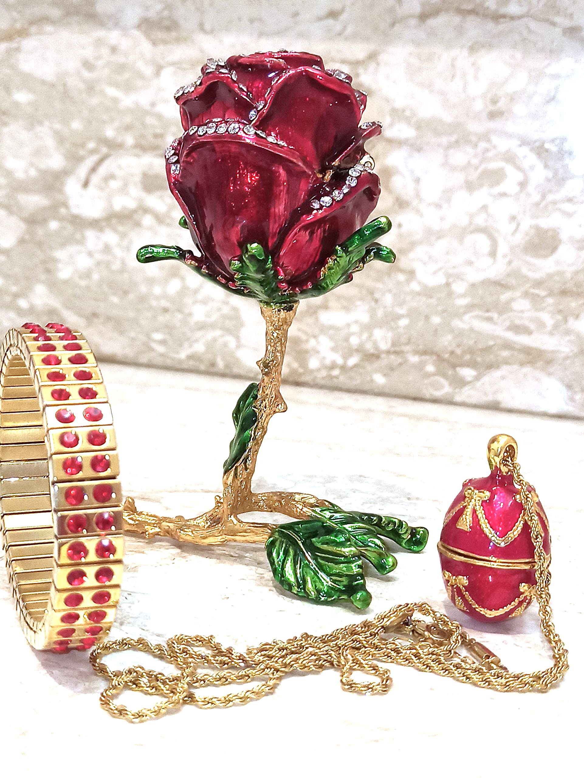 7ct Designer Luxurious Women's Jewelry Set - Fabergé Egg Rose Gold Ring Box, 5ct Handmade Necklace & 24k Gold 2ct Ruby Bracelet - Perfect Christmas Gift, Proposal, Anniversary & Valentine's Day Present for Her