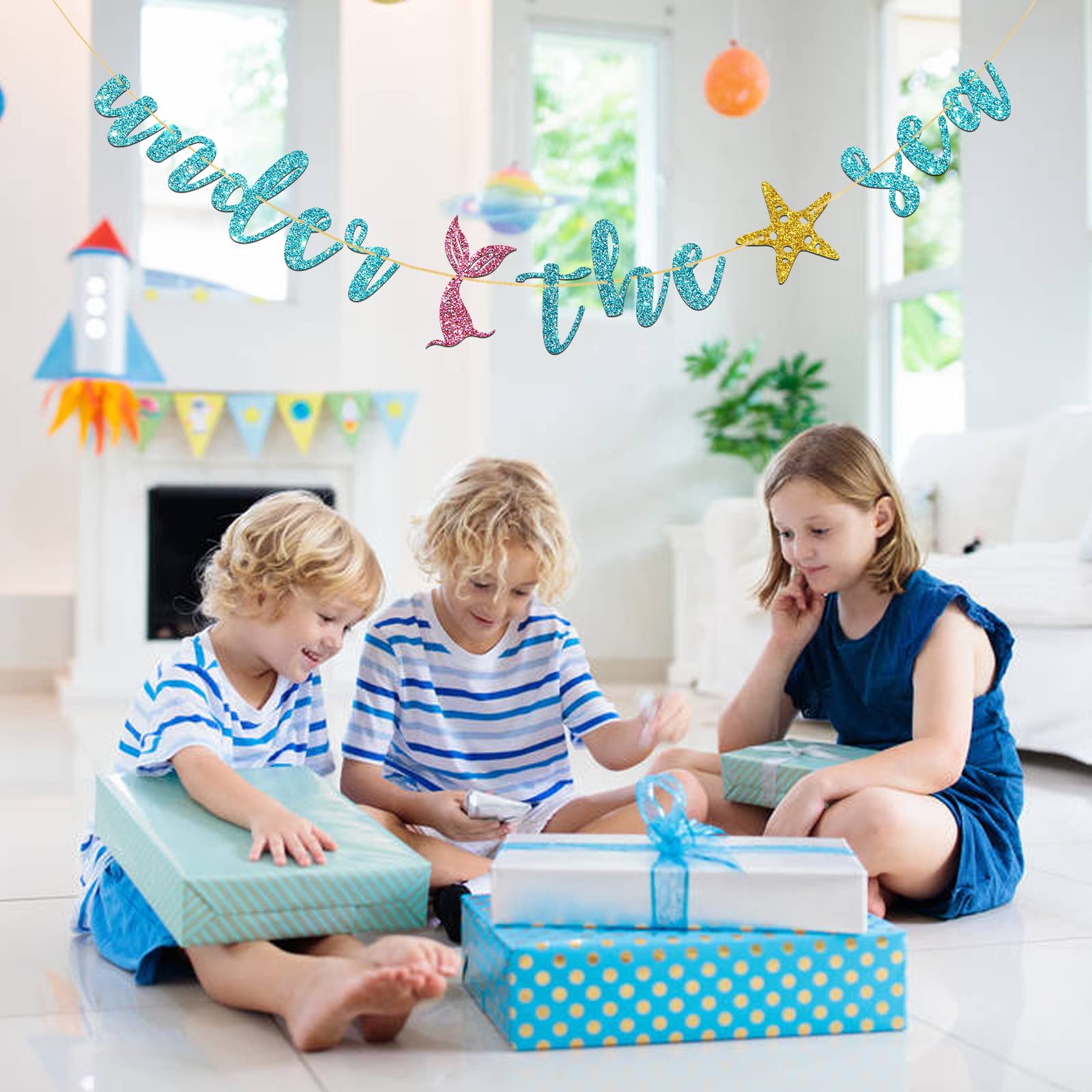 Mermaid Birthday Banner - Under the Sea Theme Party Decorations with Blue Glitter for Girls - Perfect for Ocean Themed Parties, Baby Showers & Birthday Celebrations