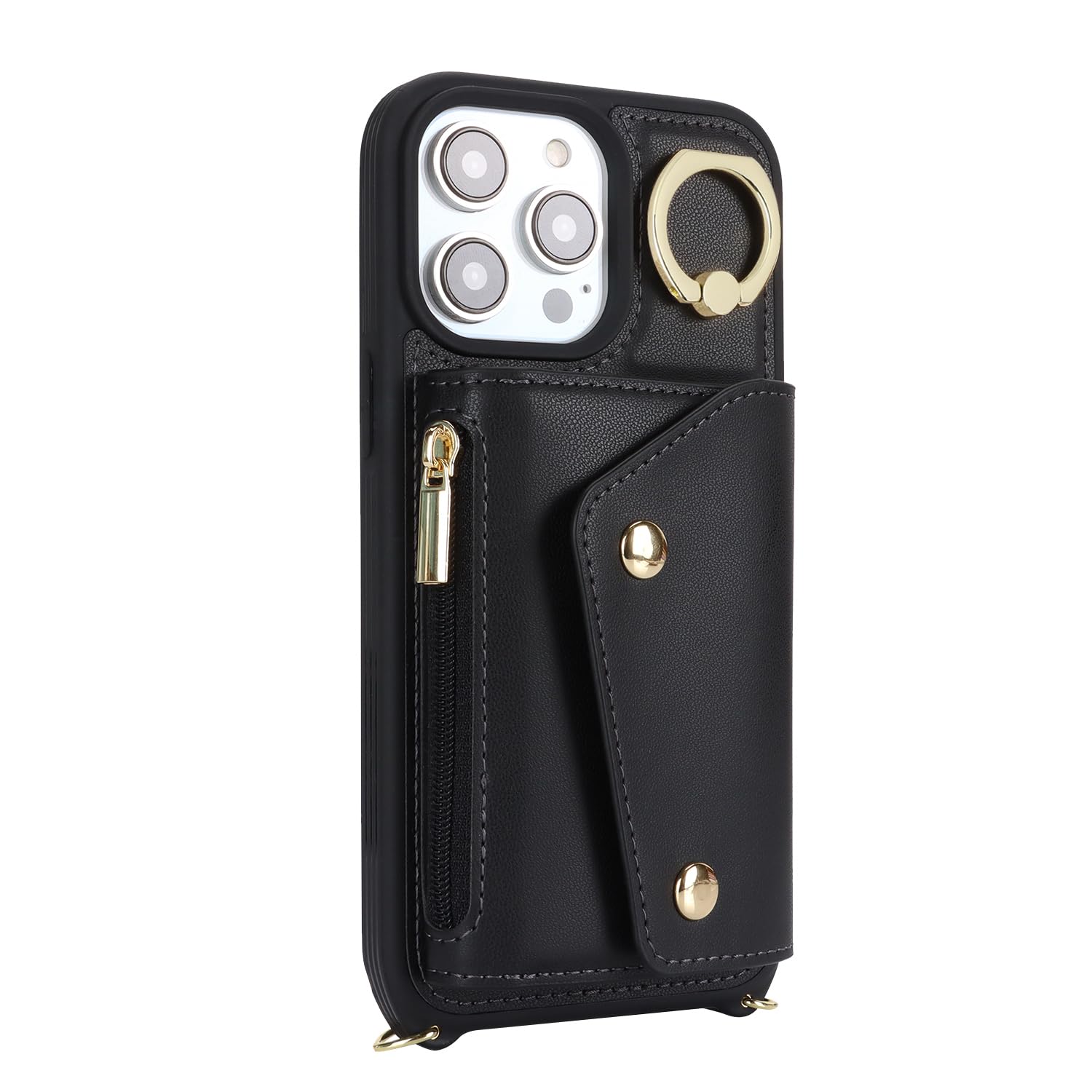 Premium iPhone 15 Pro Case with Card Holder & Crossbody Strap - 6.1 Inch Wallet Phone Case Featuring Zipper Pocket, Stand Ring & Credit Card Slots (Black) - Perfect for Women's Daily Use, Travel, Shopping & Hands-Free Convenience