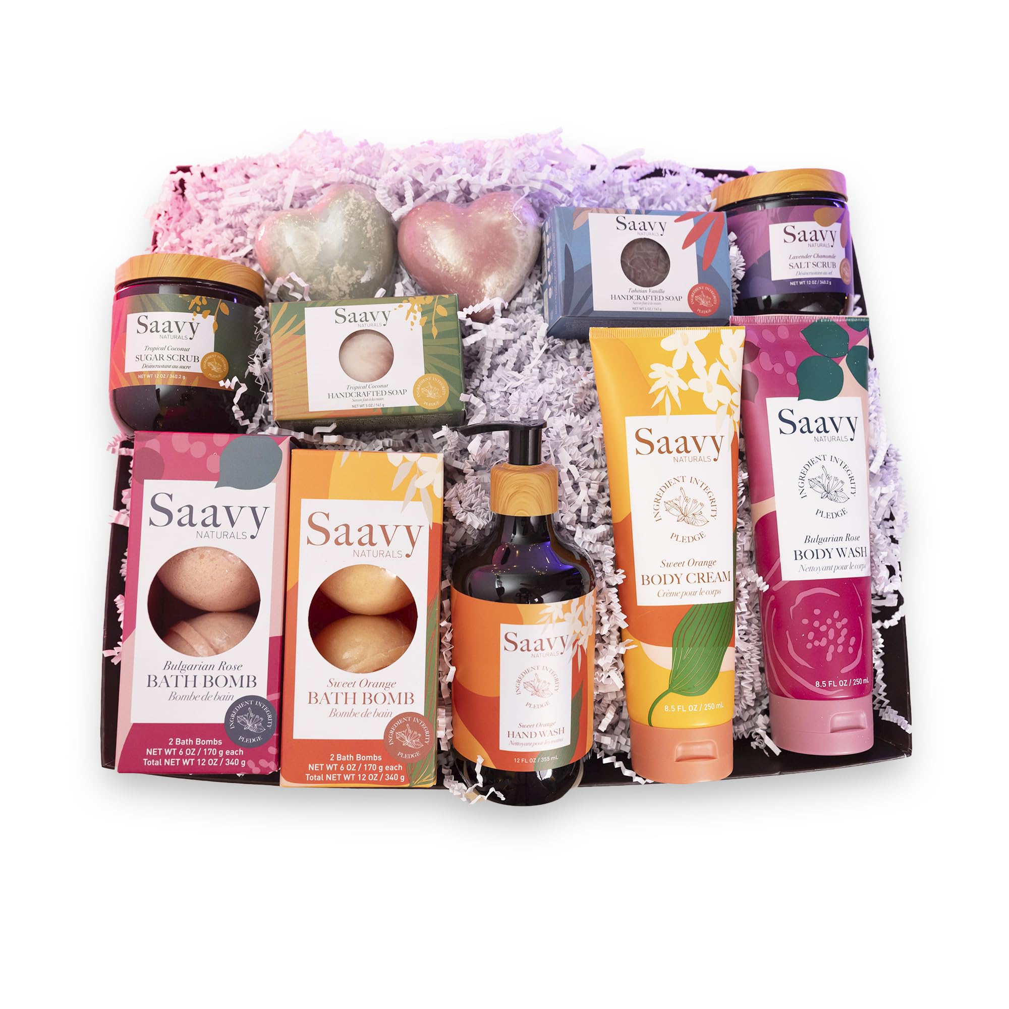 Saavy Naturals 11-Piece Spa Gift Set with Tahitian Vanilla Scented Body Wash & Sugar Scrub | Luxury Self-Care Gift Basket for Women | Perfect for Relaxation, Birthday Gifts & Mother's Day Presents