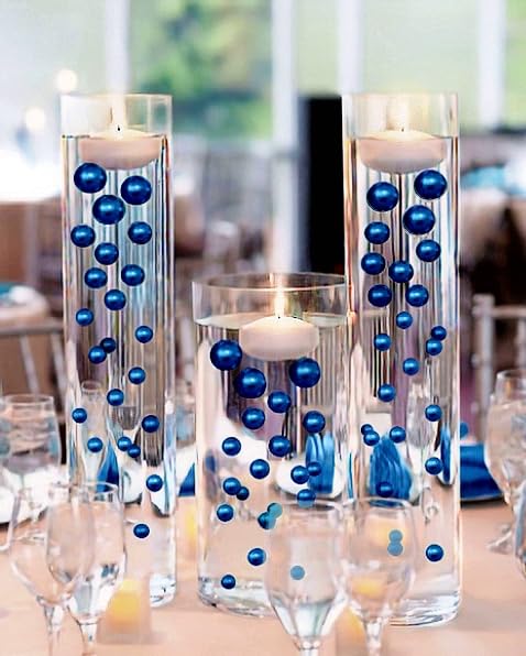 750 Floating Royal Blue & Navy Pearls - Large Size Pearls for Vases with Transparent Water Gel Kit - Creates Stunning Floating Effect - Fills 10 Gallons of Gel - Includes Warm White Submersible LED Lights for Home Decor, Wedding Centerpieces & Spa Relaxation