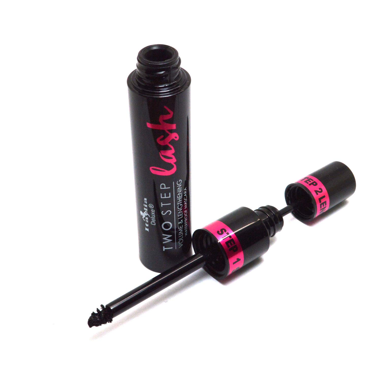 Italia Deluxe Two Step Lash Waterproof Mascara - Volumizing & Lengthening Mascara Kit with Free Zip Bag | Perfect for Day to Night Makeup, Special Occasions & Waterproof Eye Looks