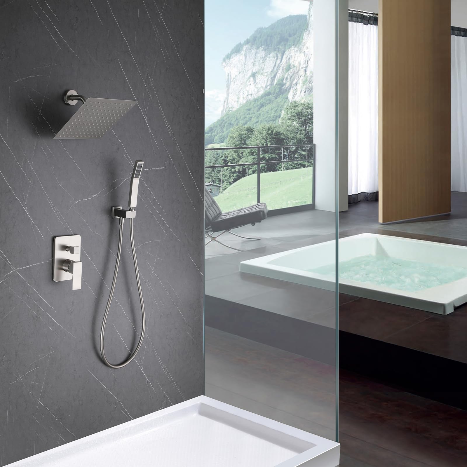 Luxury 10 Inch Rainfall Shower Head System with Hand Shower - Brushed Nickel Wall Mounted Bathroom Faucet Set & Angle Arm - Perfect for Modern Bathroom Renovation and Spa-Like Shower Experience