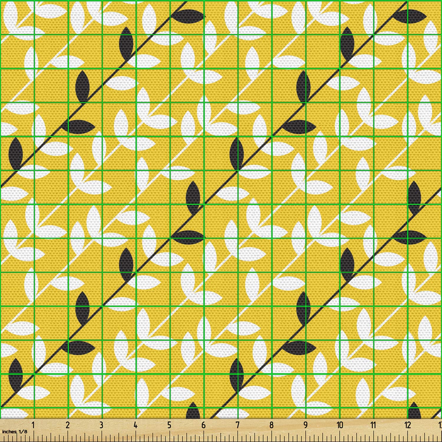 Ambesonne Asian Leaves Fabric by The Yard - Diagonal Monochrome Leaf Pattern on Yellow & Grey - 5 Yards for Upholstery, Curtains, Pillows & Home Decor | Perfect for Living Room, Bedroom & DIY Craft Projects