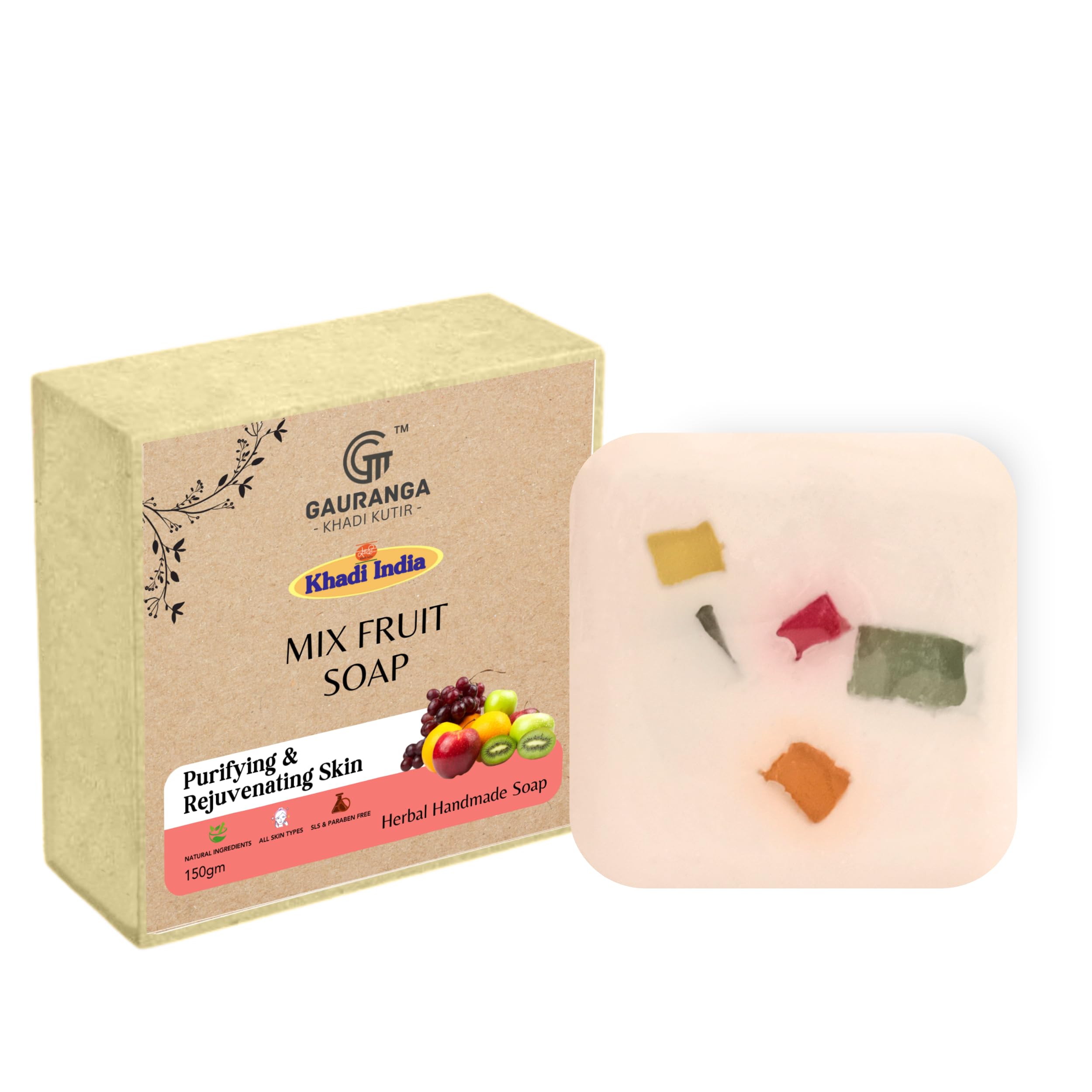 Gauranga Khadi Mix Fruit Soap 150g | Premium Handmade Herbal Soap for Soft, Nourished & Radiant Skin | Natural Fruity Bath Soap for Men & Women with Refreshing Aroma | Perfect for Daily Skincare Routine & Spa Day at Home