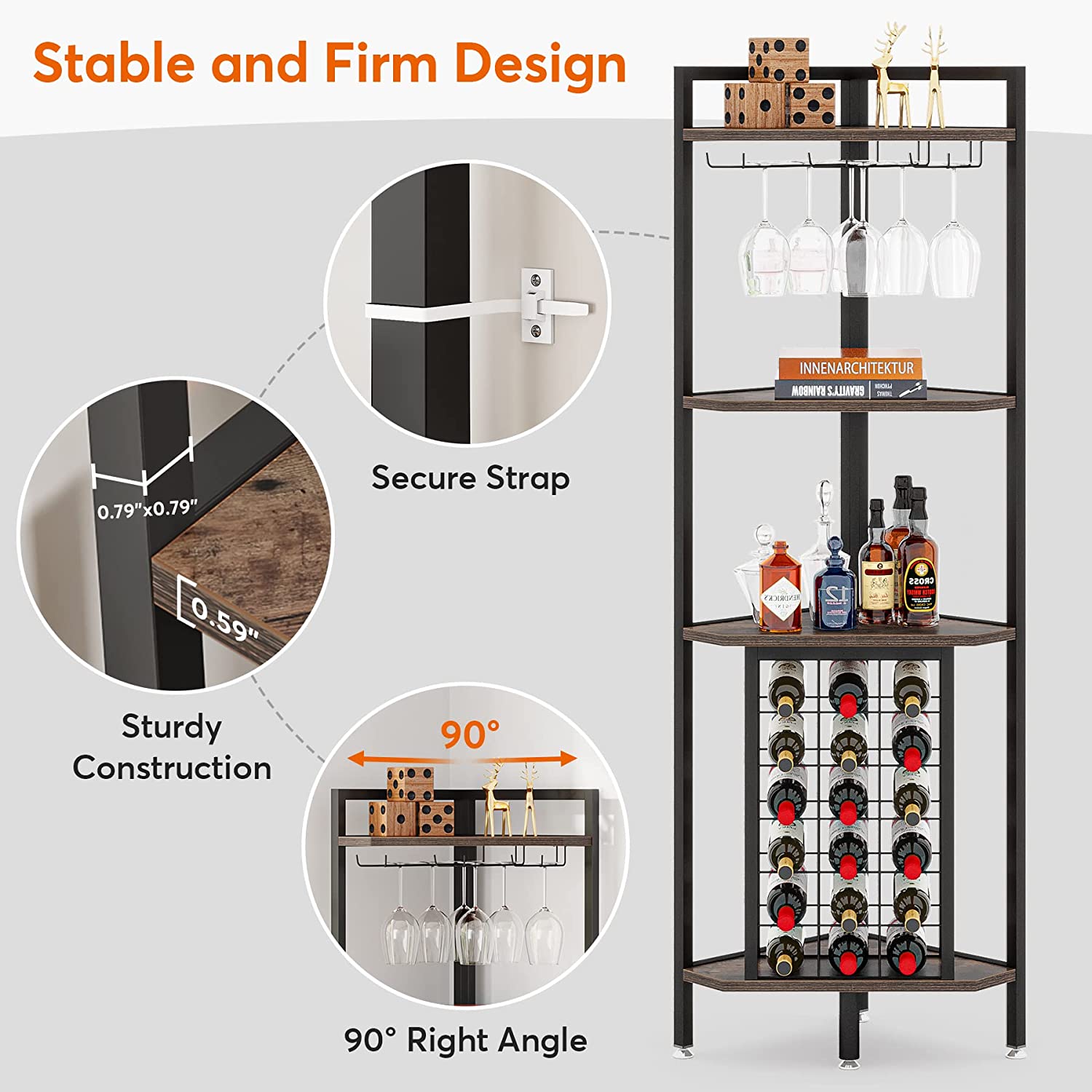 4 Tier Corner Wine Rack with Glass Holder & Storage Shelves - Space Saving Wine Storage for Kitchen, Bar, Dining Room & Home Decor