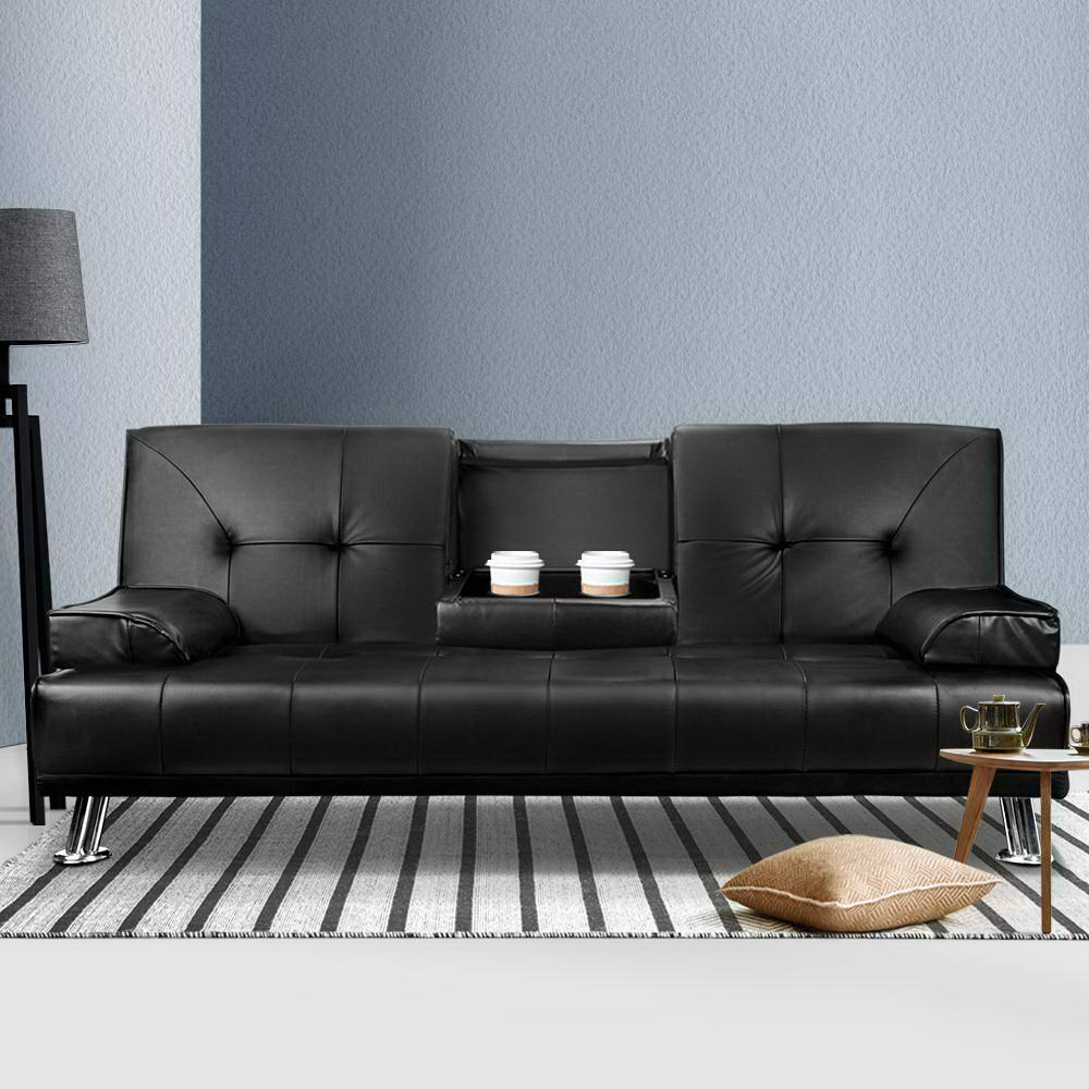 3-Seater PU Leather Sofa Bed - Convertible Sleeper Sofa in Black | Modern Living Room Furniture for Small Spaces & Guest Rooms