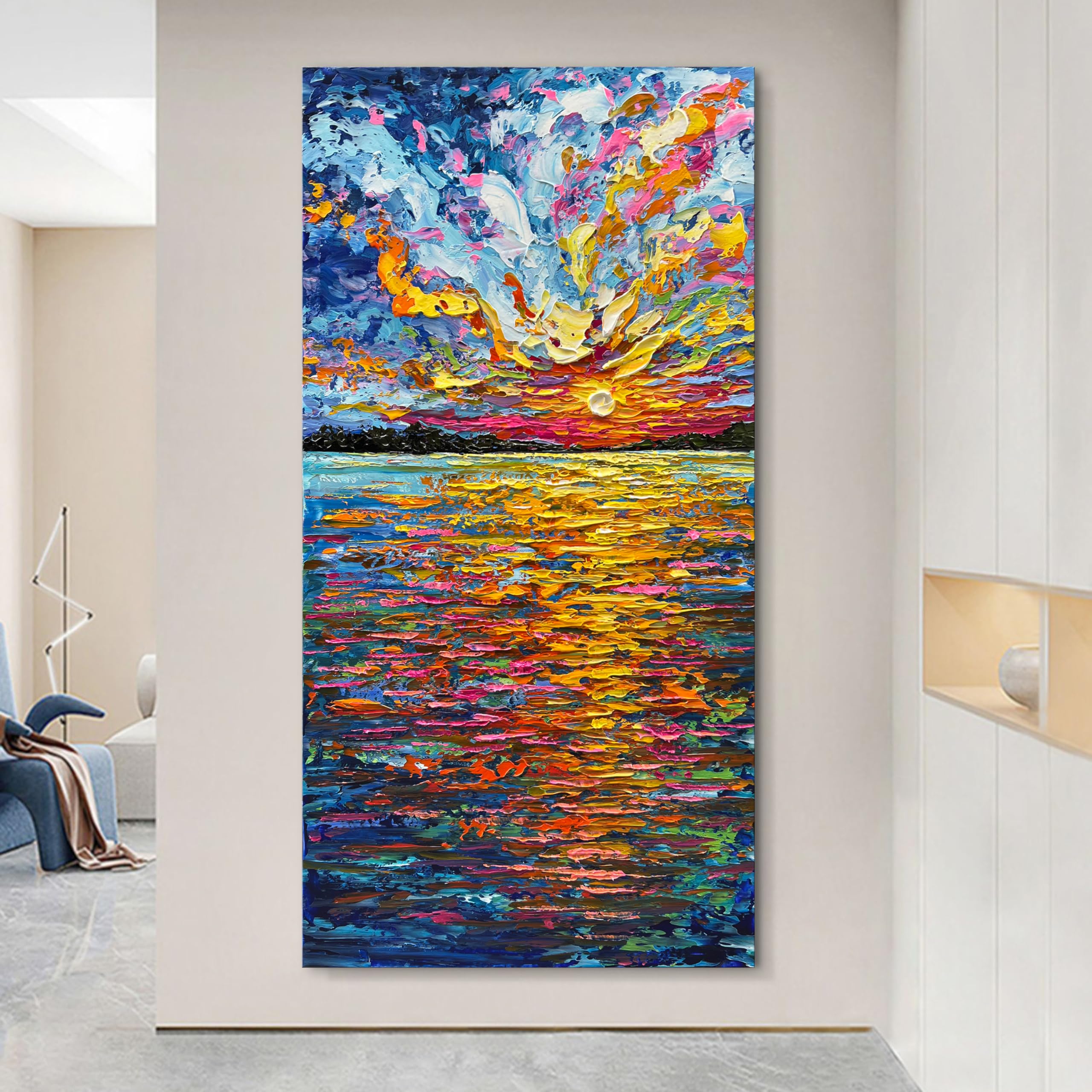 Hand-Painted Sea Sunrise Abstract Oil Painting - Modern Large Canvas Wall Art (48x24 inches) for Living Room, Bedroom & Hallway Decor | Coastal Landscape Home Decoration | Perfect for Beach House & Office Wall Art