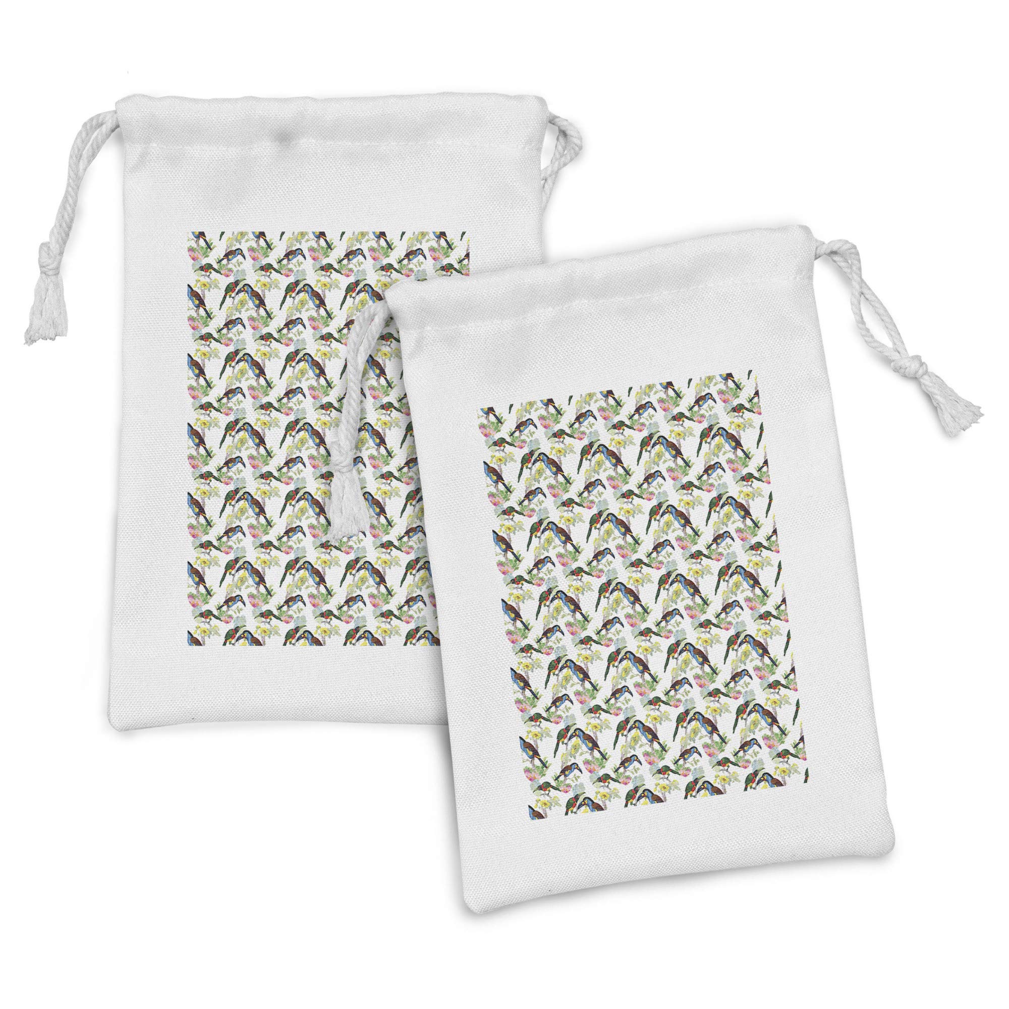 Ambesonne Exotic Fabric Pouch Set of 2 - Watercolor Tropical Branches & Toucan Birds Design - 9