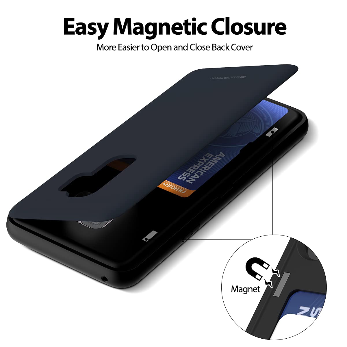 GOOSPERY Magnetic Wallet Case for Samsung Galaxy S9 Plus (2018) - Dual Layer Protective Bumper Cover with Hidden Mirror & Card Holder - Midnight Blue - Perfect for Work, Travel and Everyday Use