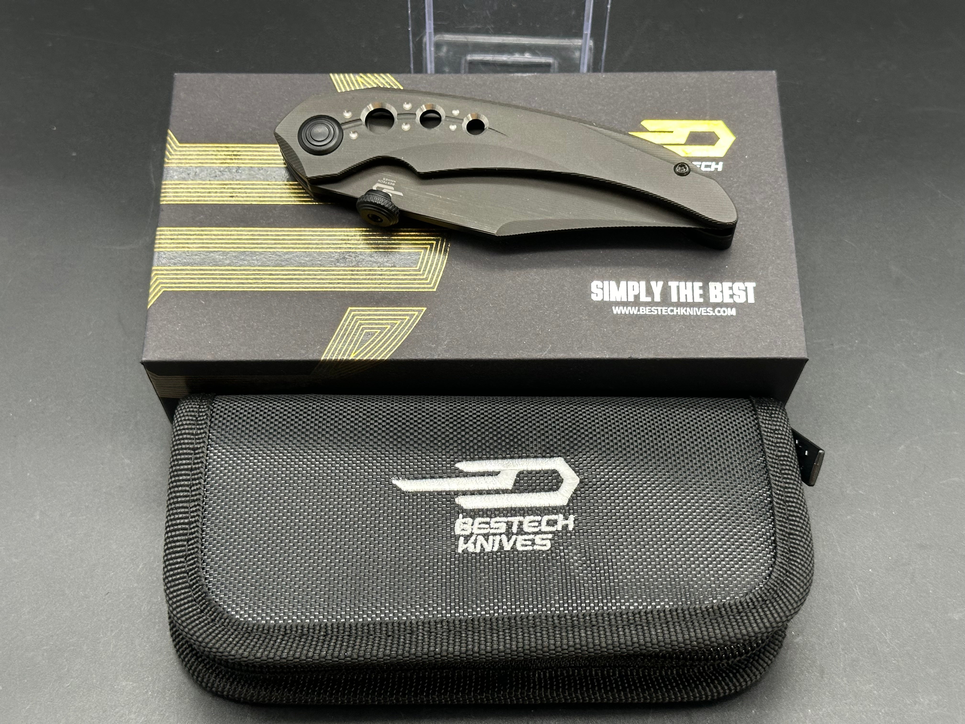 BESTECH RAZON Folding Knife - Black Titanium Handle, MagnaCut Steel Blade with Black PVD/Lasering Line Coating - EDC Pocket Knife for Camping, Hiking & Outdoor Survival