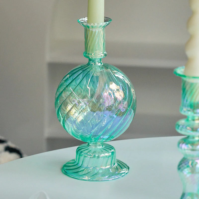 Aqua Blue Glass Candle Holder - Elegant Home Decor for Dining Table, Wedding Centerpiece & Romantic Ambiance Lighting