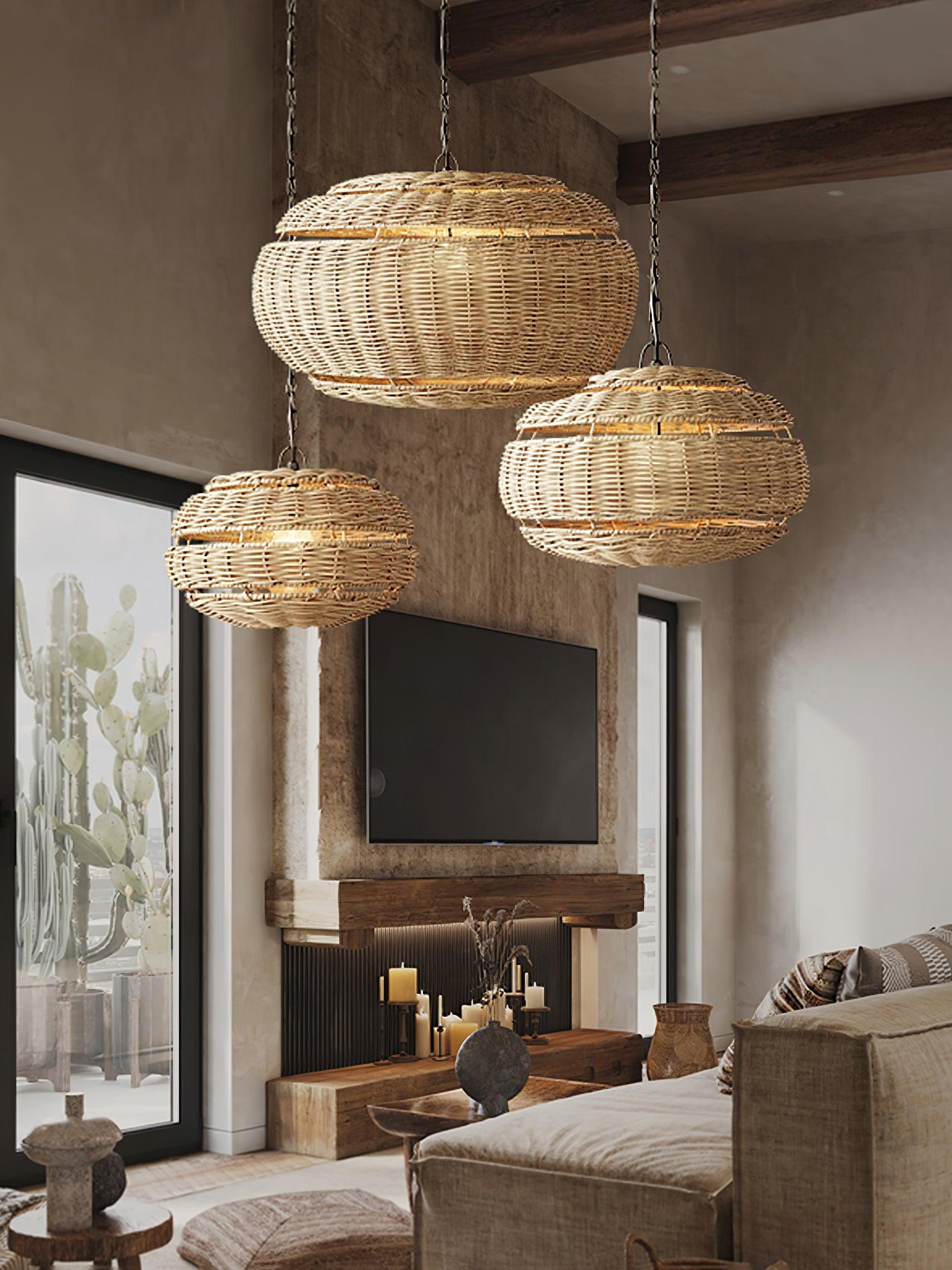 Modern Wicker Pendant Light - Natural Rattan Hanging Lamp for Kitchen Island, Dining Room & Bedroom - Boho Ceiling Lighting Fixture with Warm Ambience
