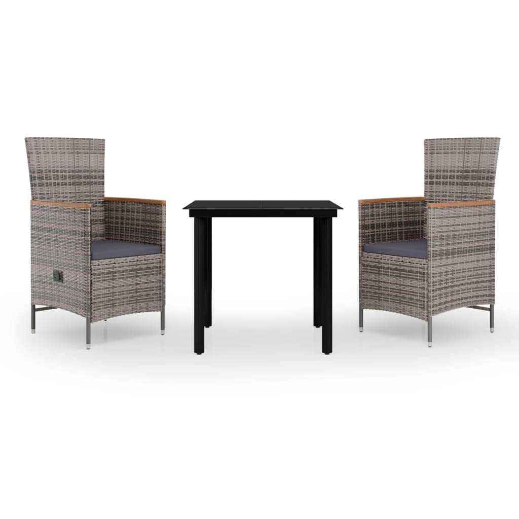Premium 3-Piece Patio Dining Set with Reclining Chairs - Waterproof PE Rattan Outdoor Furniture Set in Gray & Black - Easy-Clean Glass Table & Thick Cushions for Backyard, Garden, Poolside or Balcony Relaxation