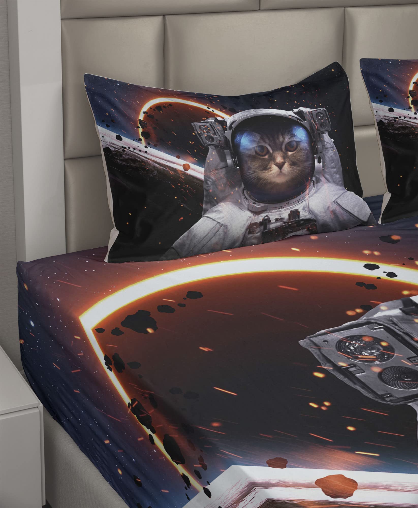 Ambesonne Space Cat Bed Sheet Set - Astronaut & Comet Galaxy Print, 4-Piece Dark Blue & White Bedding with Fitted Sheet, Flat Sheet & Pillowcases - Perfect for Kids Rooms, Space Themed Bedrooms & Sci-Fi Decor