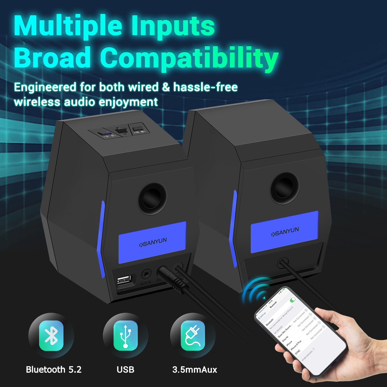 Sanyun SW209 36W PC Gaming Speakers with Built-in 24bit DAC - USB/Bluetooth/Aux Input - 3 EQ Sound Modes - RGB Lighting - for Desktop, Laptop, Mac, Monitor (Black) | Perfect for Gaming, Music, Movies & Home Office Setup
