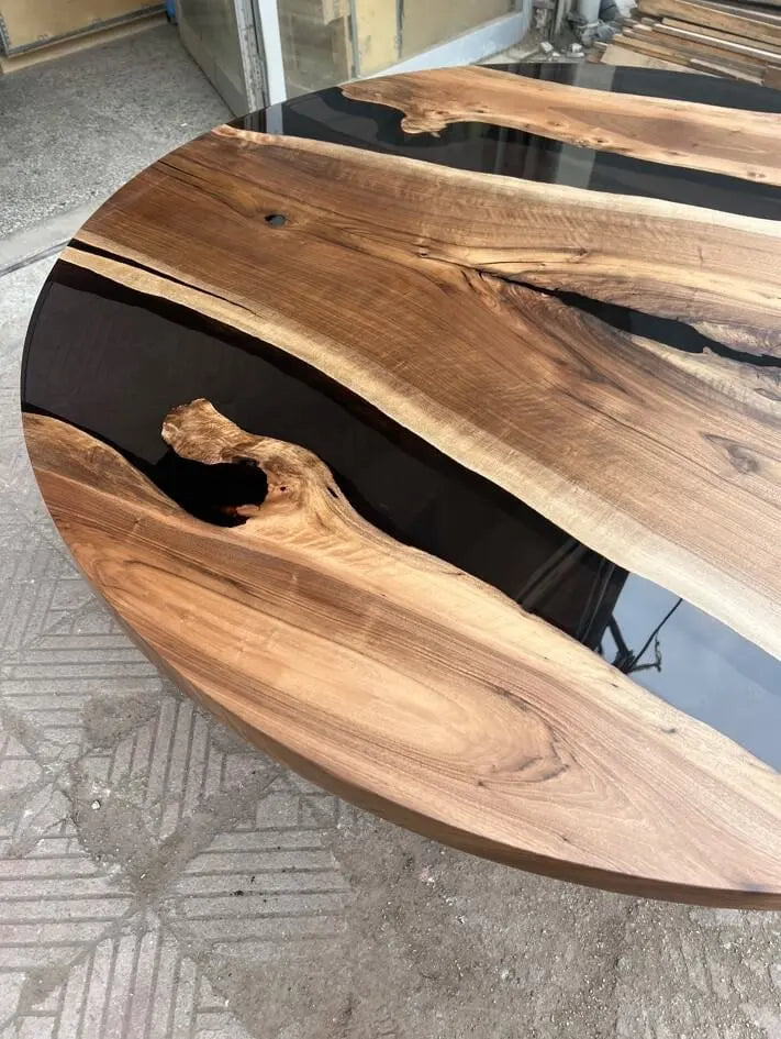 Handmade Round Epoxy Resin Table with Natural Walnut Wood Tulip Base - Modern Coffee Table for Living Room, Office & Dining Area