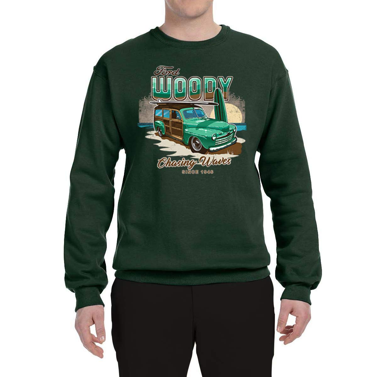 Wild Bobby 1946 Vintage Ford Woody Chasing Waves Graphic Sweatshirt - Retro Car & Truck Unisex Crewneck Pullover | Perfect for Beach Outings, Road Trips & Vintage Car Enthusiasts