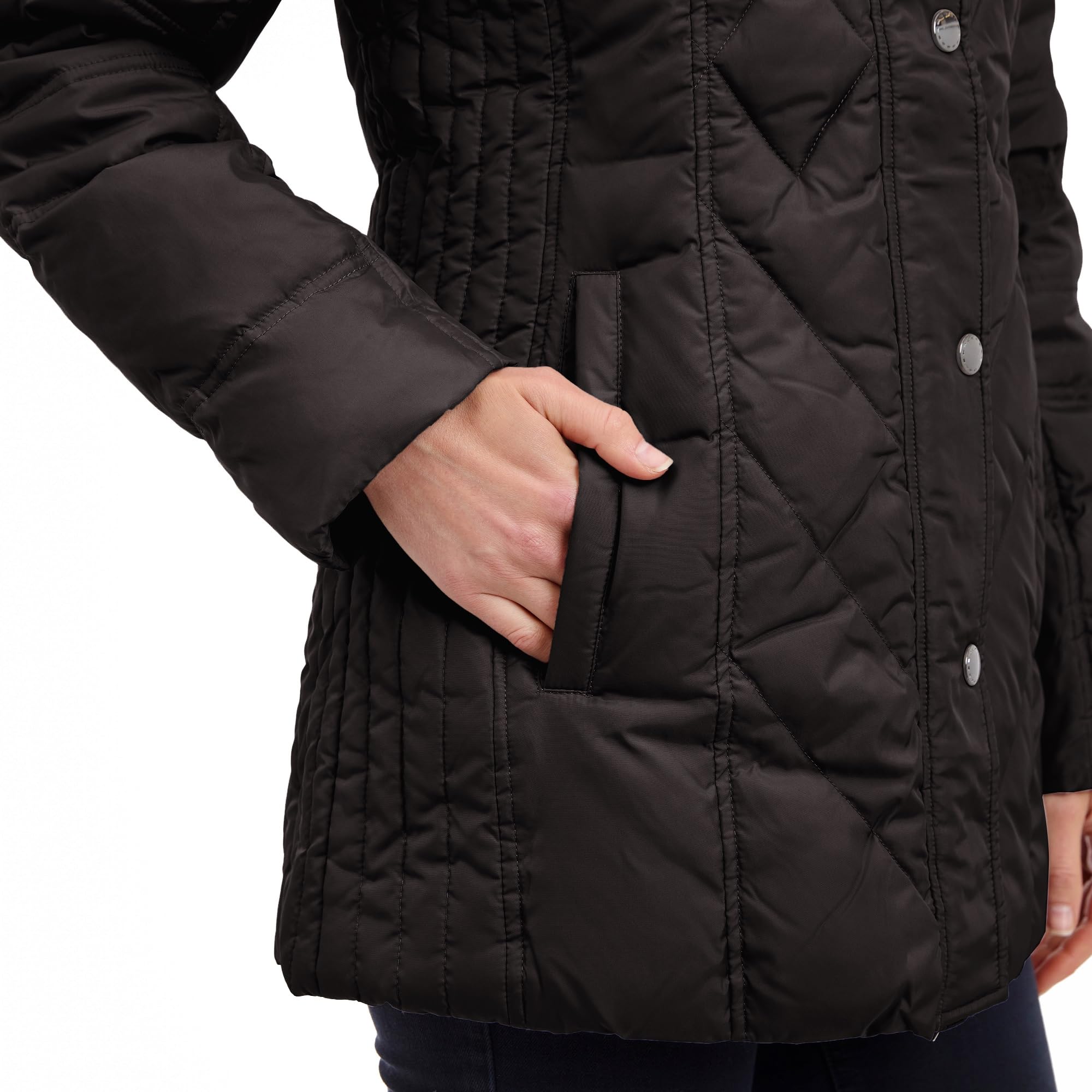 London Fog Women's Diamond Quilted Down Coat - Warm Winter Puffer Jacket with Hood, Water-Resistant, Lightweight for Outdoor Activities, Travel & Daily Commute