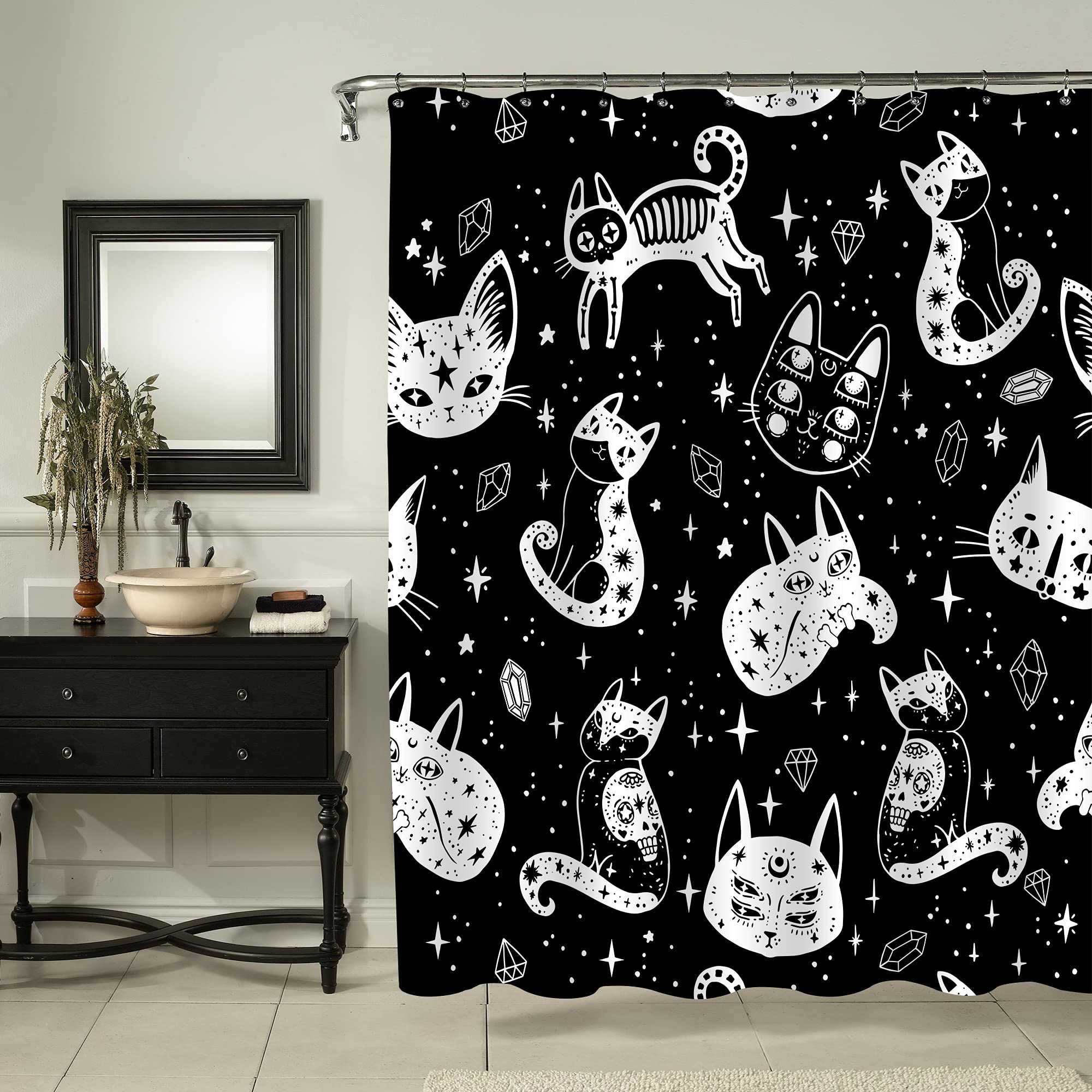 Witch's Cat Shower Curtain - Gothic Halloween Bathroom Decor with Sugar Skull & Cat Design for Women, Men, Kids & Pet Lovers (72x72 Inches, Black & White) - Perfect for Spooky Bathrooms, Halloween Parties & Gothic Home Decor