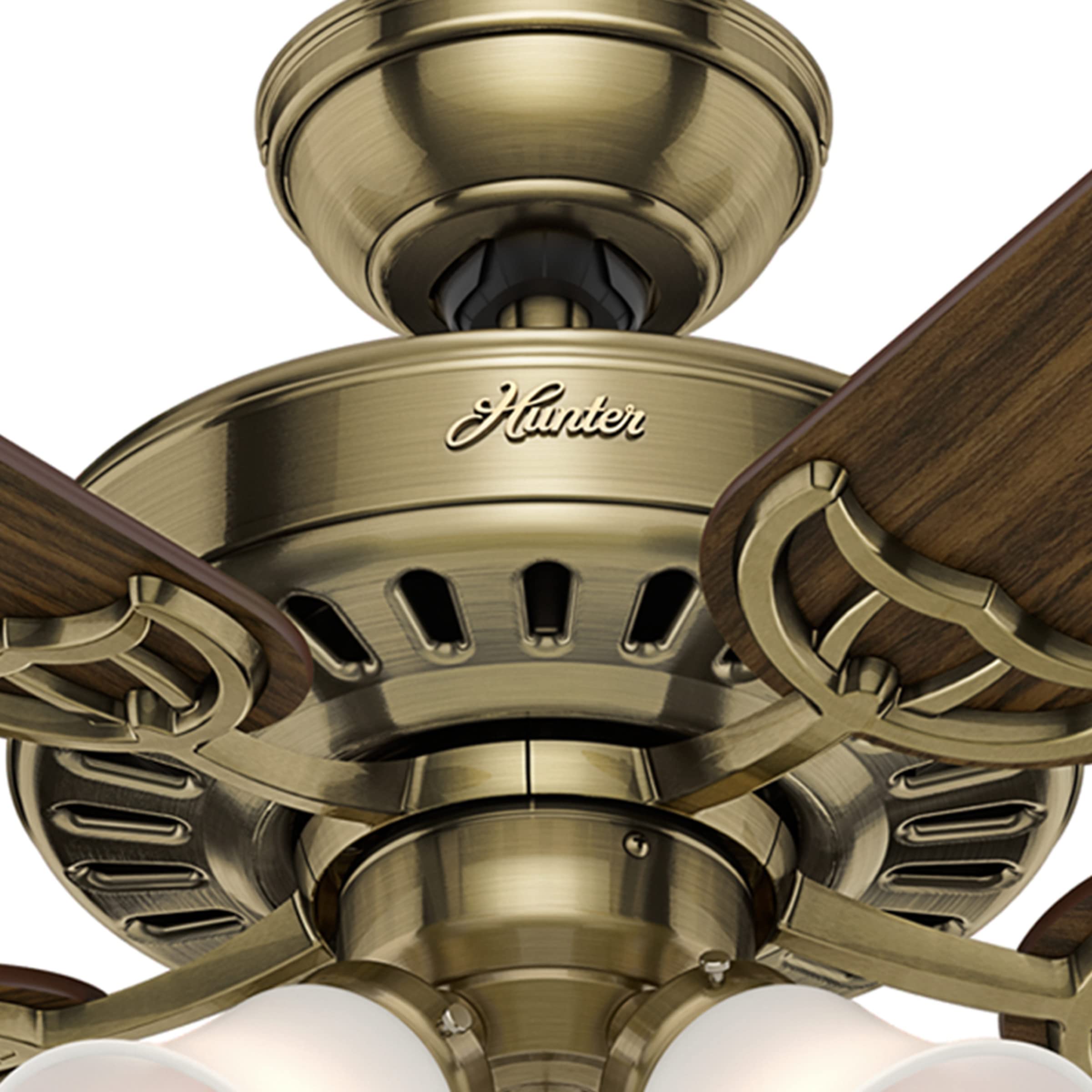 Hunter Fan Company 53063 Studio Series 52 Inch Ceiling Fan with 4 Covered Energy Efficient LED Lights - Pull Chain Control in Antique Brass | Perfect for Living Room, Bedroom & Office Cooling