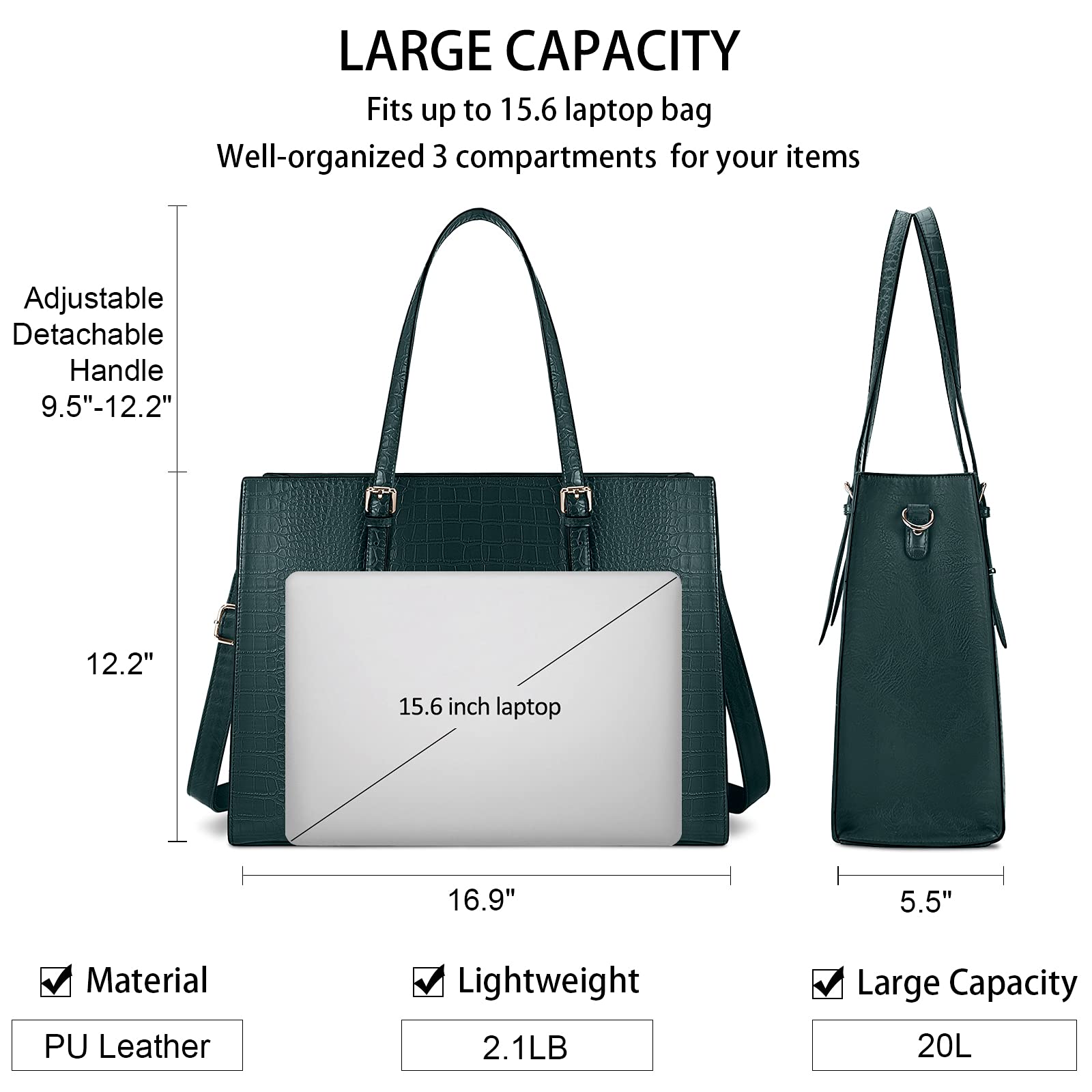 15.6 Inch Leather Laptop Tote Bag for Women - Waterproof Professional Business Office Shoulder Bag, Dark Green, Large Capacity, Ideal for Work, Travel, and Daily Commute