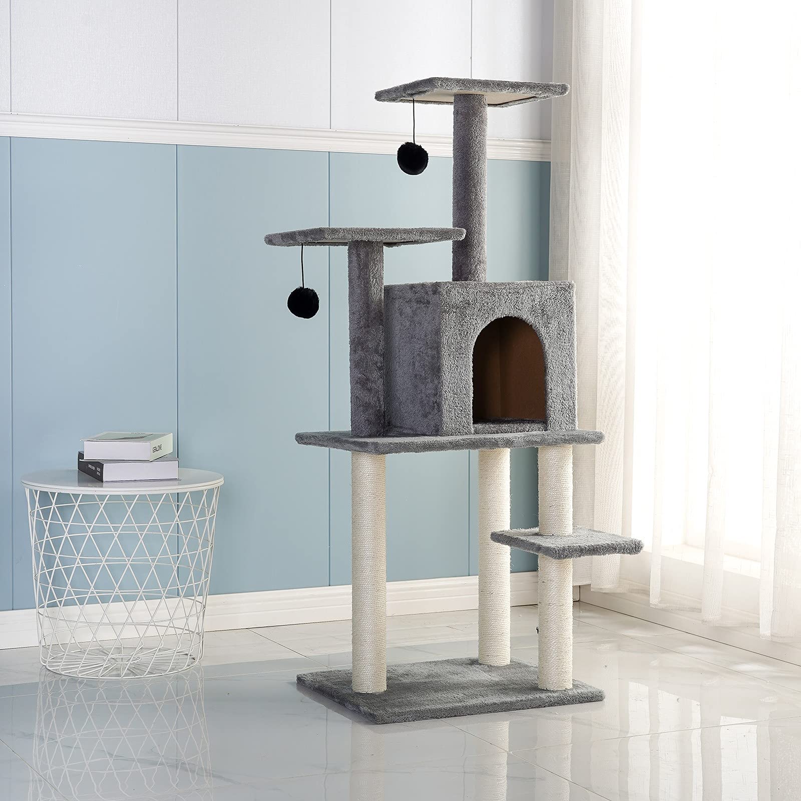 **49-Inch Cat Tree Tower with Scratching Posts & Playhouse - Sturdy Multi-Level Cat Activity Center with Sisal Columns - Perfect for Indoor Cats & Kittens (Grey, One Size) - Ideal for Small Spaces & Playtime**